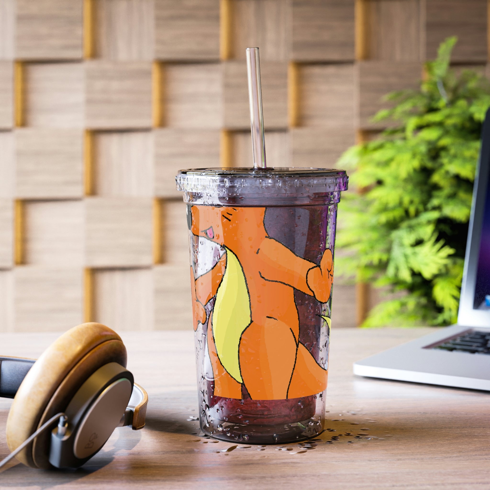 Marick Suave Acrylic Cup in stainless steel with a black screw-on cap and a plastic straw, showcasing a customizable design.