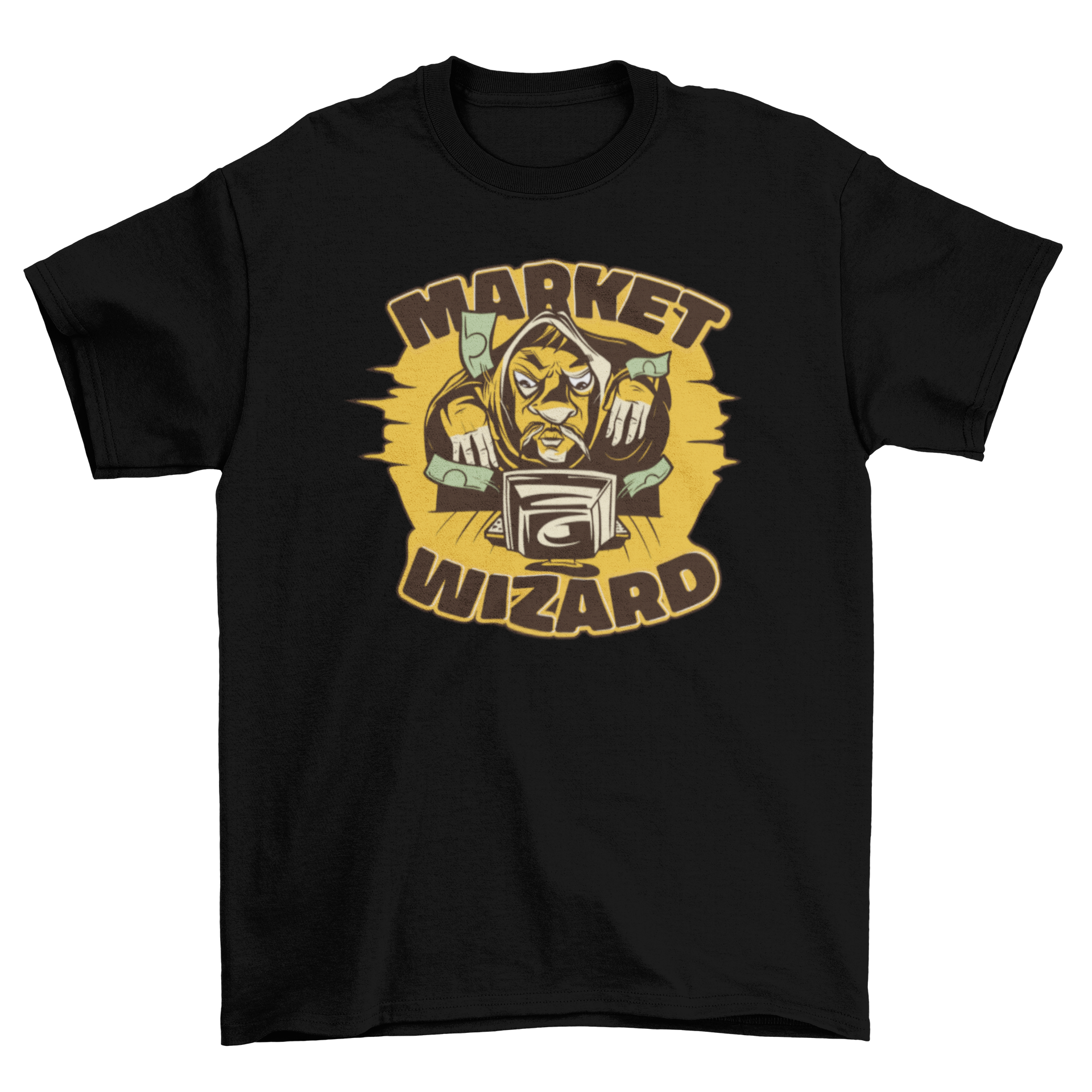 Market Wizard T-shirt featuring an illustration of a man making money from a computer with the quote 'Market Wizard'.