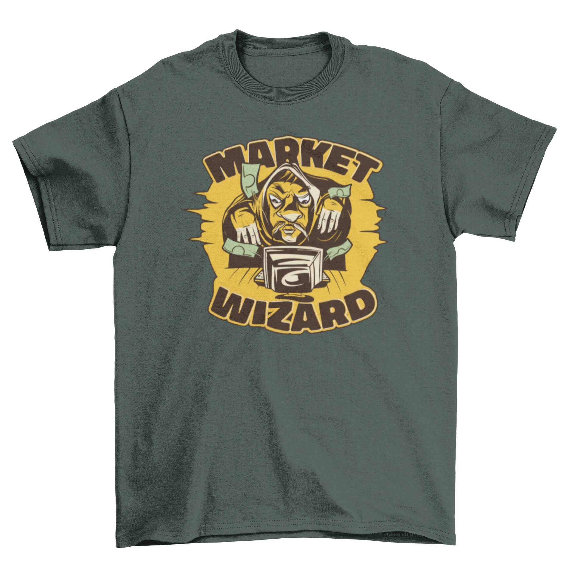 Market Wizard T-shirt featuring an illustration of a man making money from a computer with the quote 'Market Wizard'.