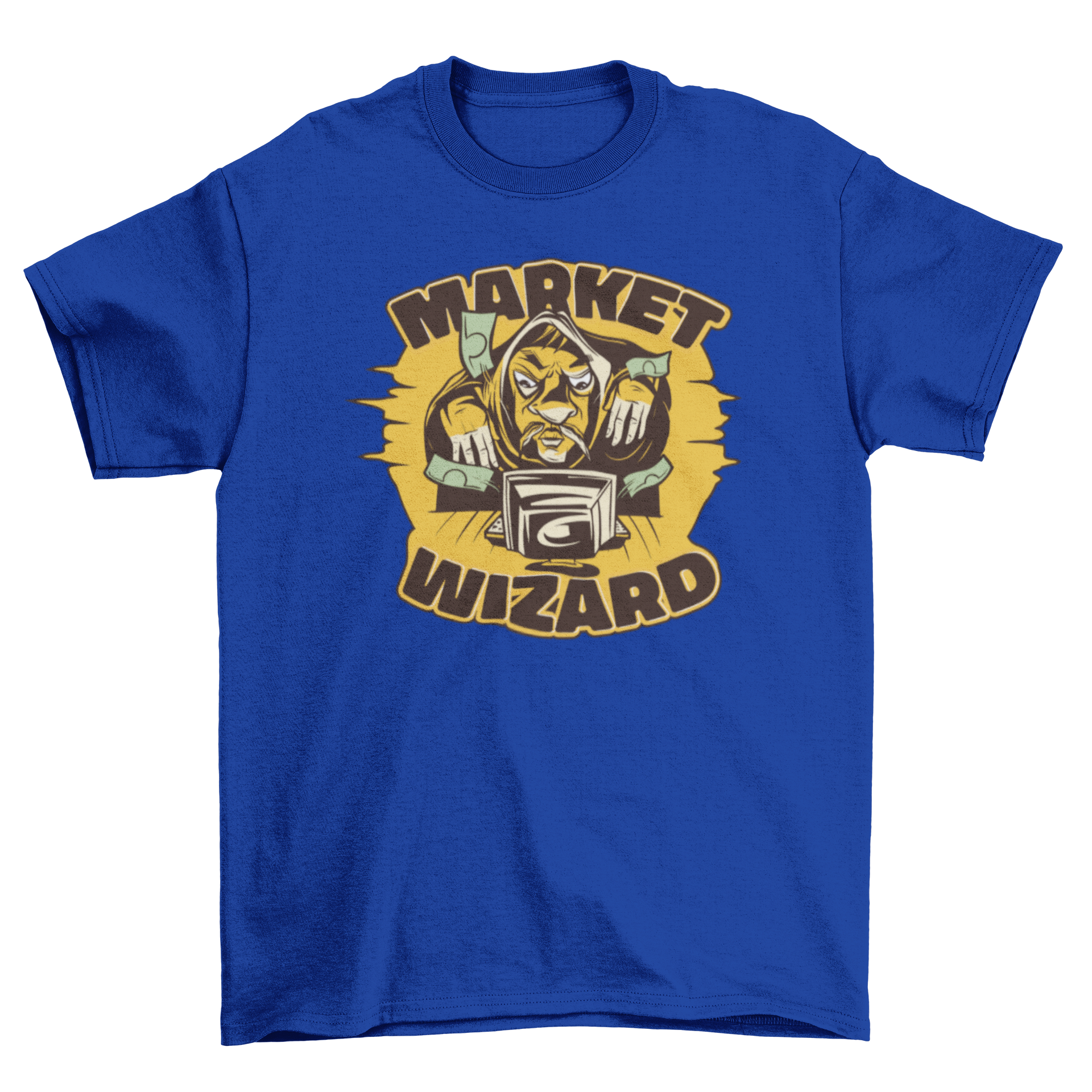 Market Wizard T-shirt featuring an illustration of a man making money from a computer with the quote 'Market Wizard'.