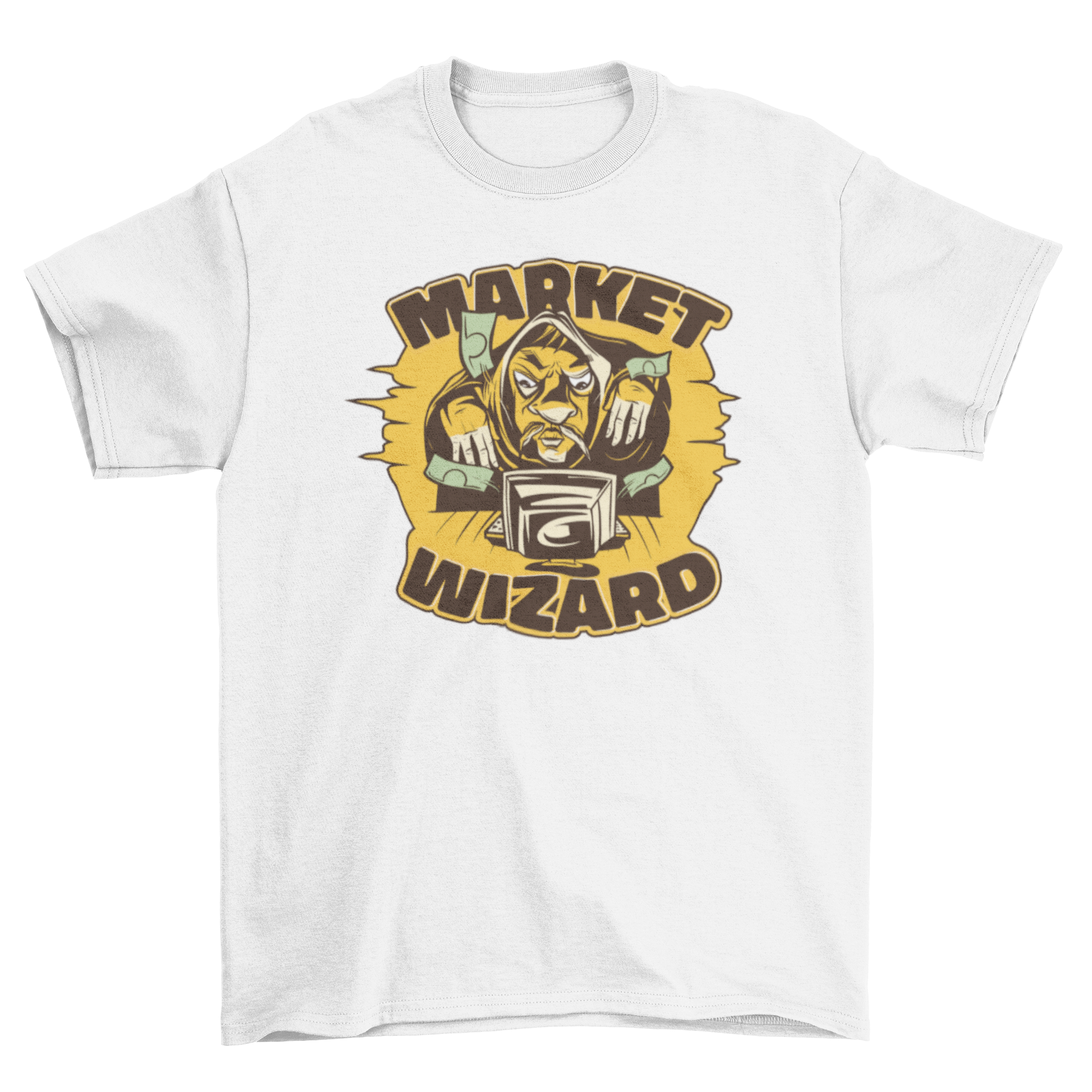 Market Wizard T-shirt featuring an illustration of a man making money from a computer with the quote 'Market Wizard'.