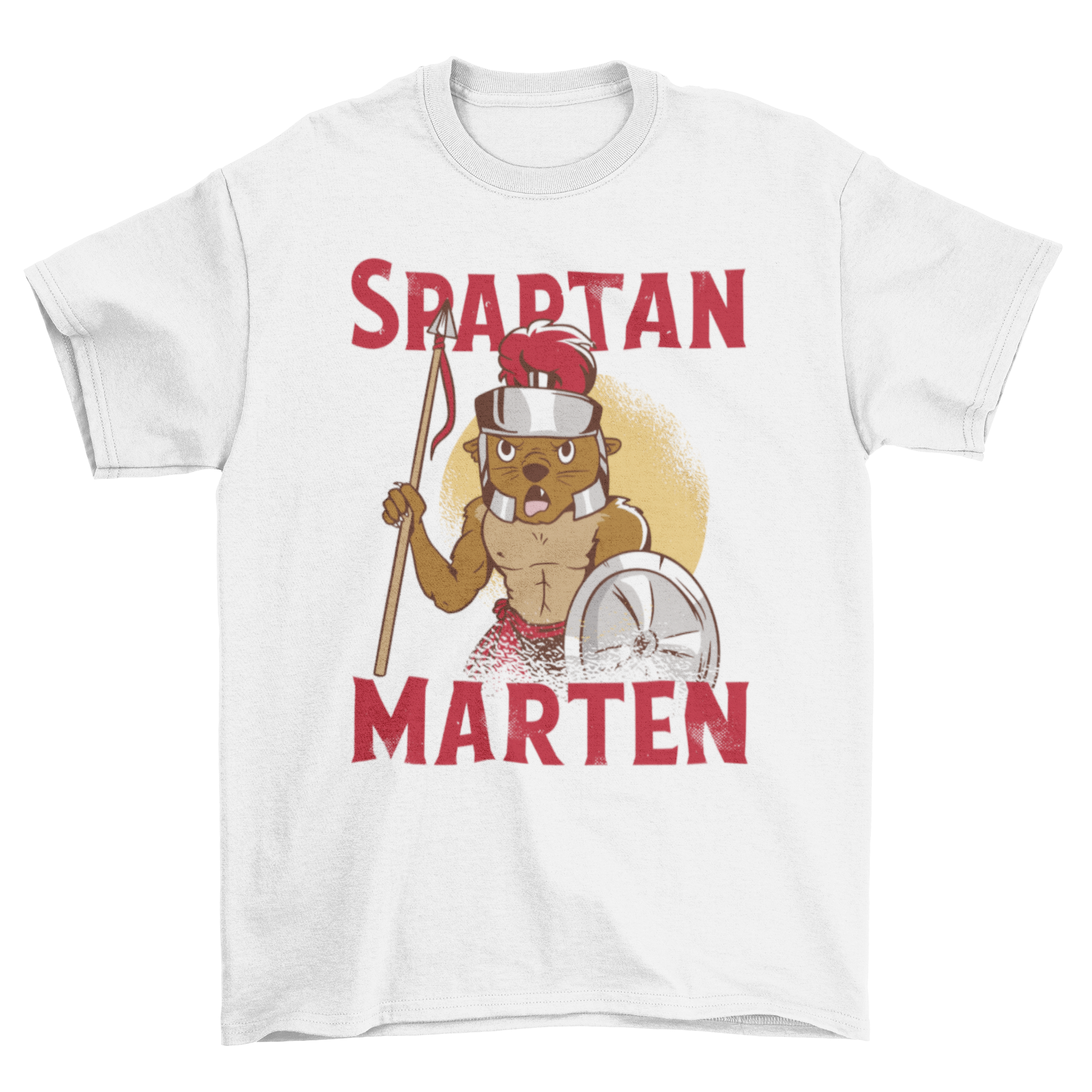 Marten dressed as a spartan warrior with a spear, helmet, and shield on a t-shirt.