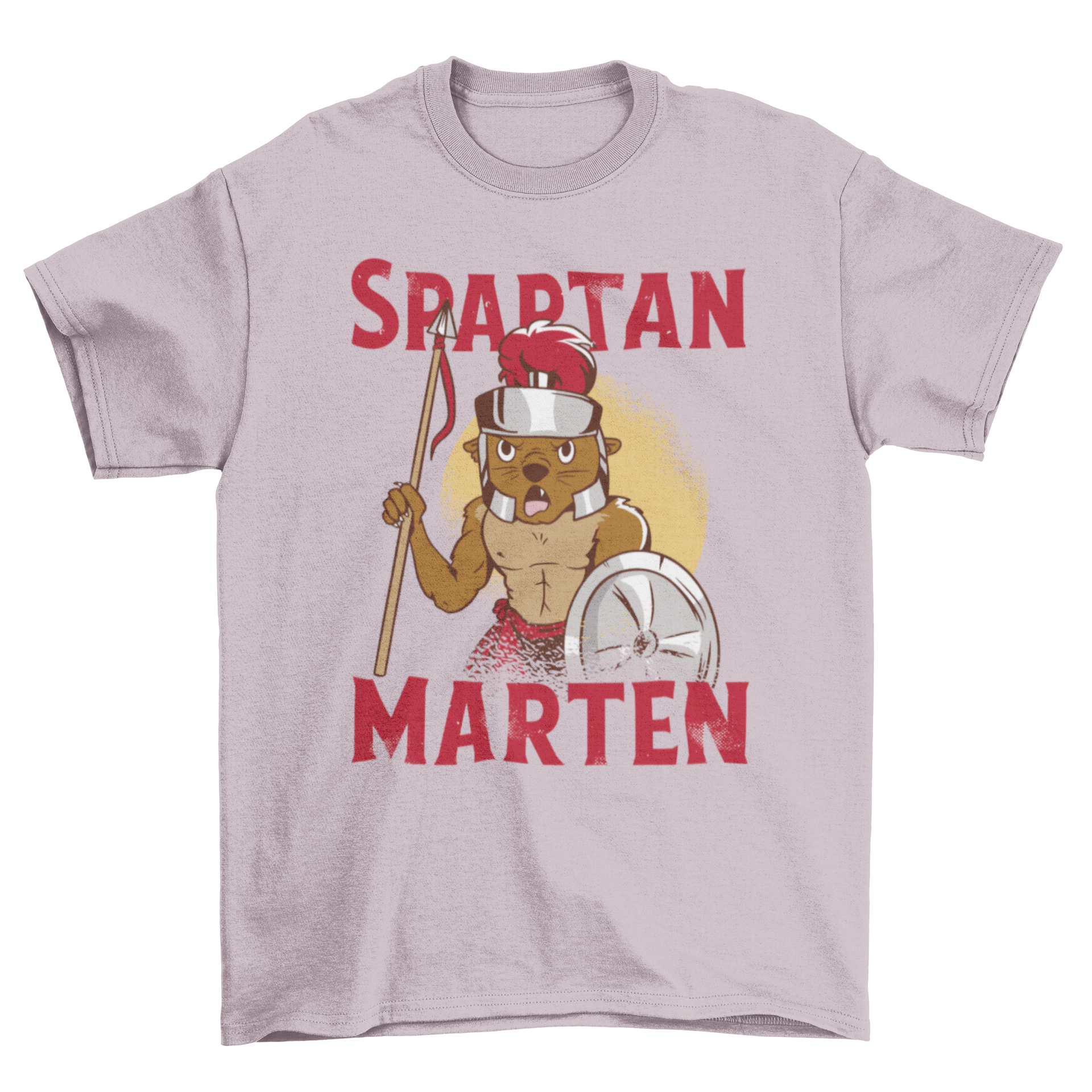 Marten dressed as a spartan warrior with a spear, helmet, and shield on a t-shirt.