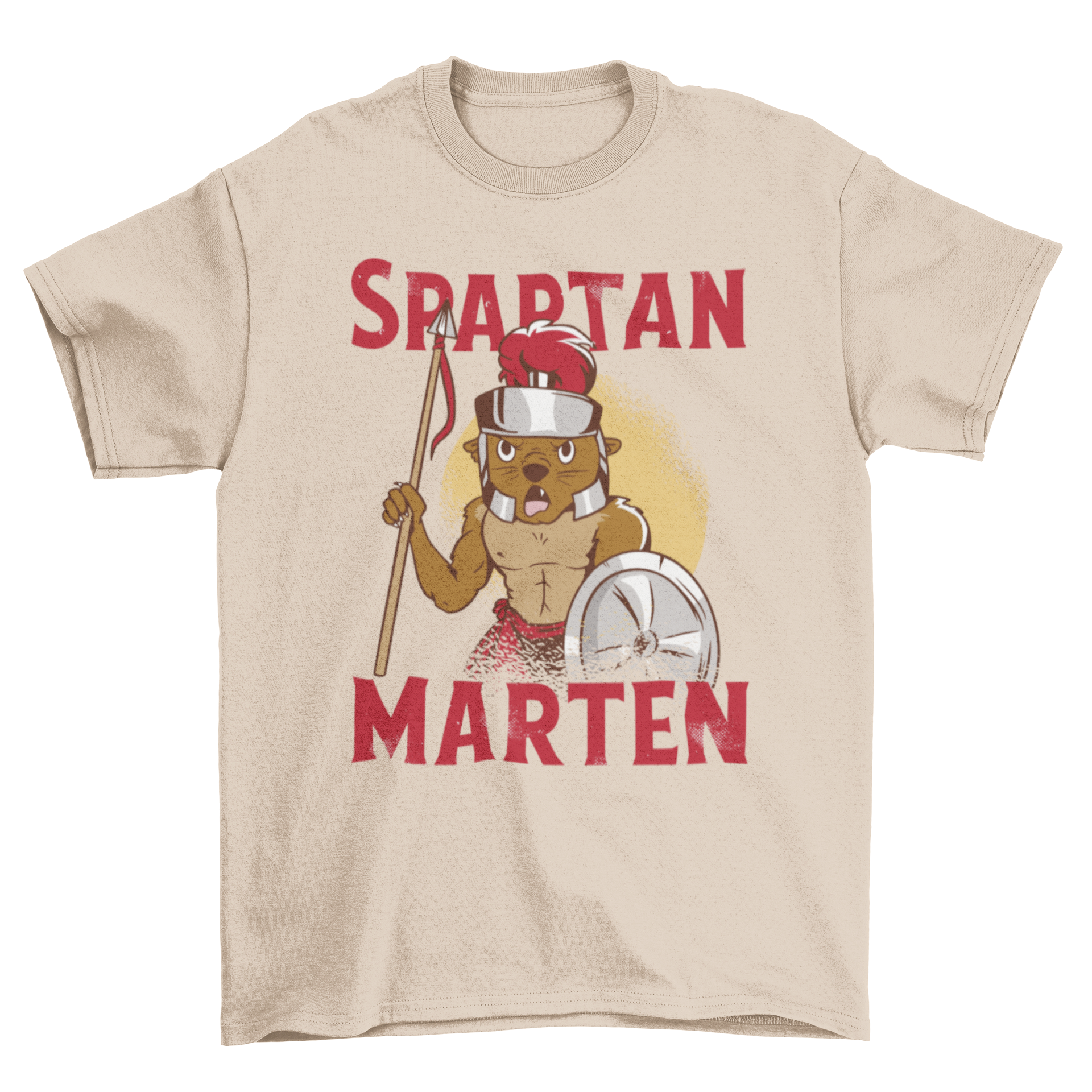 Marten dressed as a spartan warrior with a spear, helmet, and shield on a t-shirt.