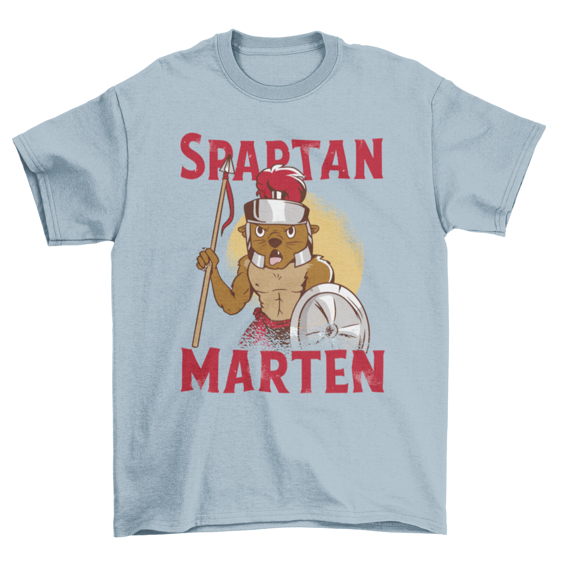 Marten dressed as a spartan warrior with a spear, helmet, and shield on a t-shirt.