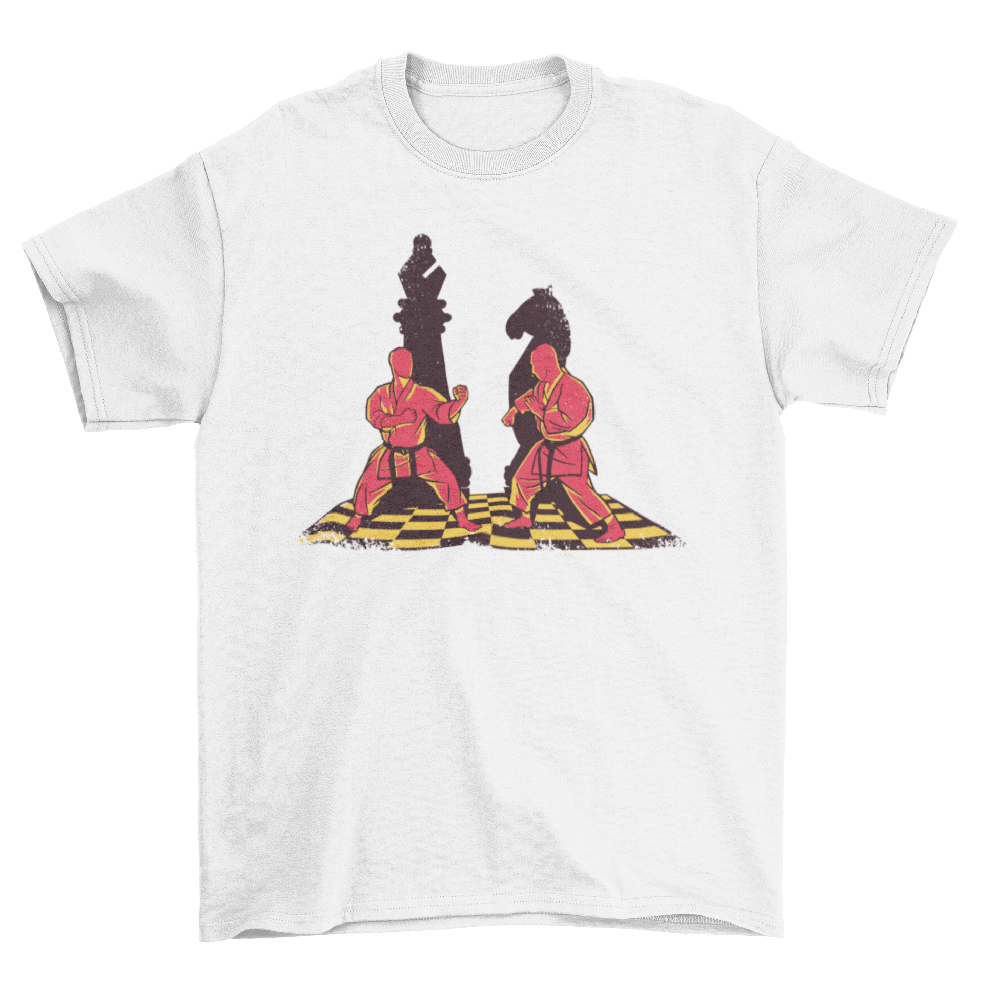 Martial Artist Chess Pieces T-shirt featuring two martial artists and chess pieces, bishop and knight, in a stylish design.