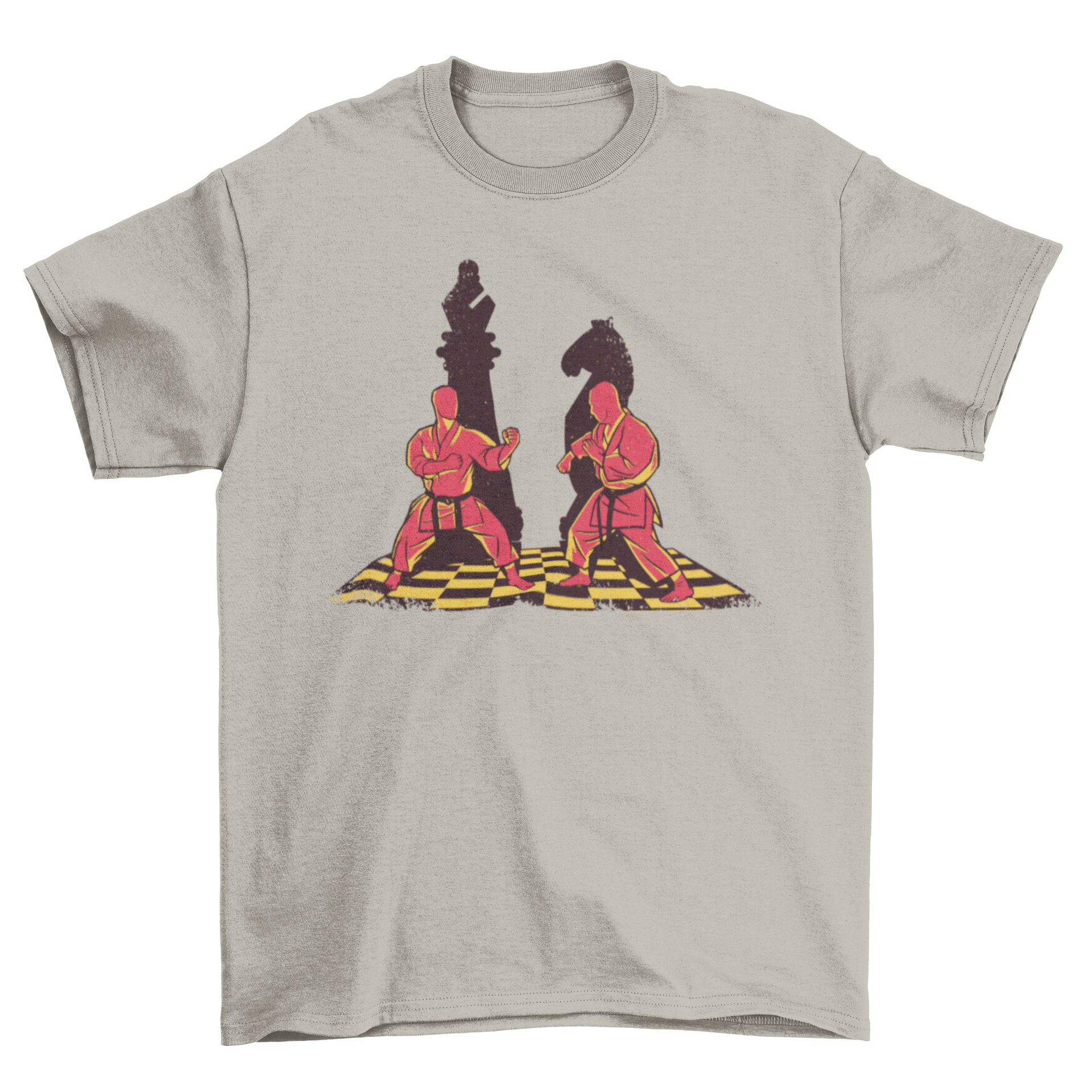 Martial Artist Chess Pieces T-shirt featuring two martial artists and chess pieces, bishop and knight, in a stylish design.