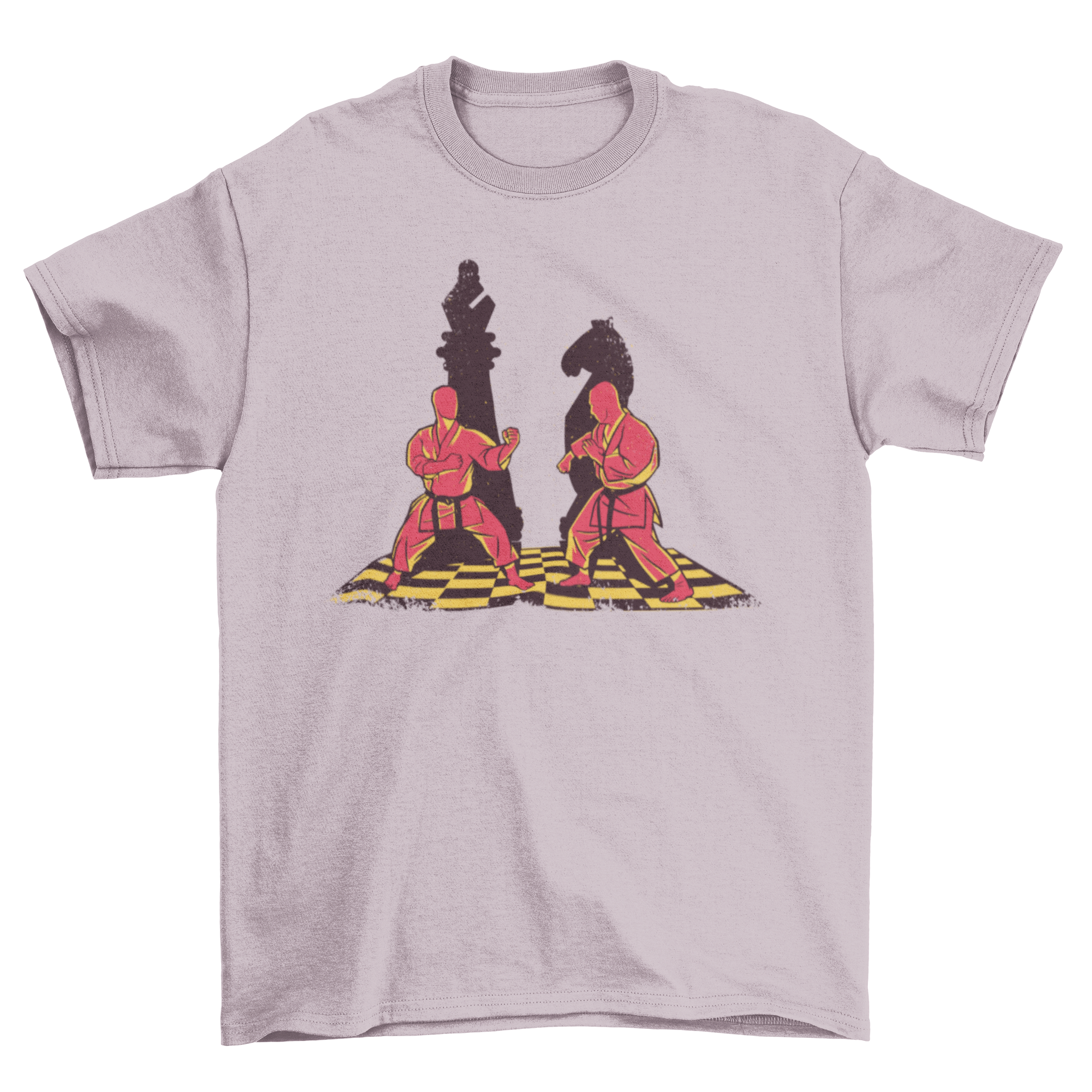 Martial Artist Chess Pieces T-shirt featuring two martial artists and chess pieces, bishop and knight, in a stylish design.