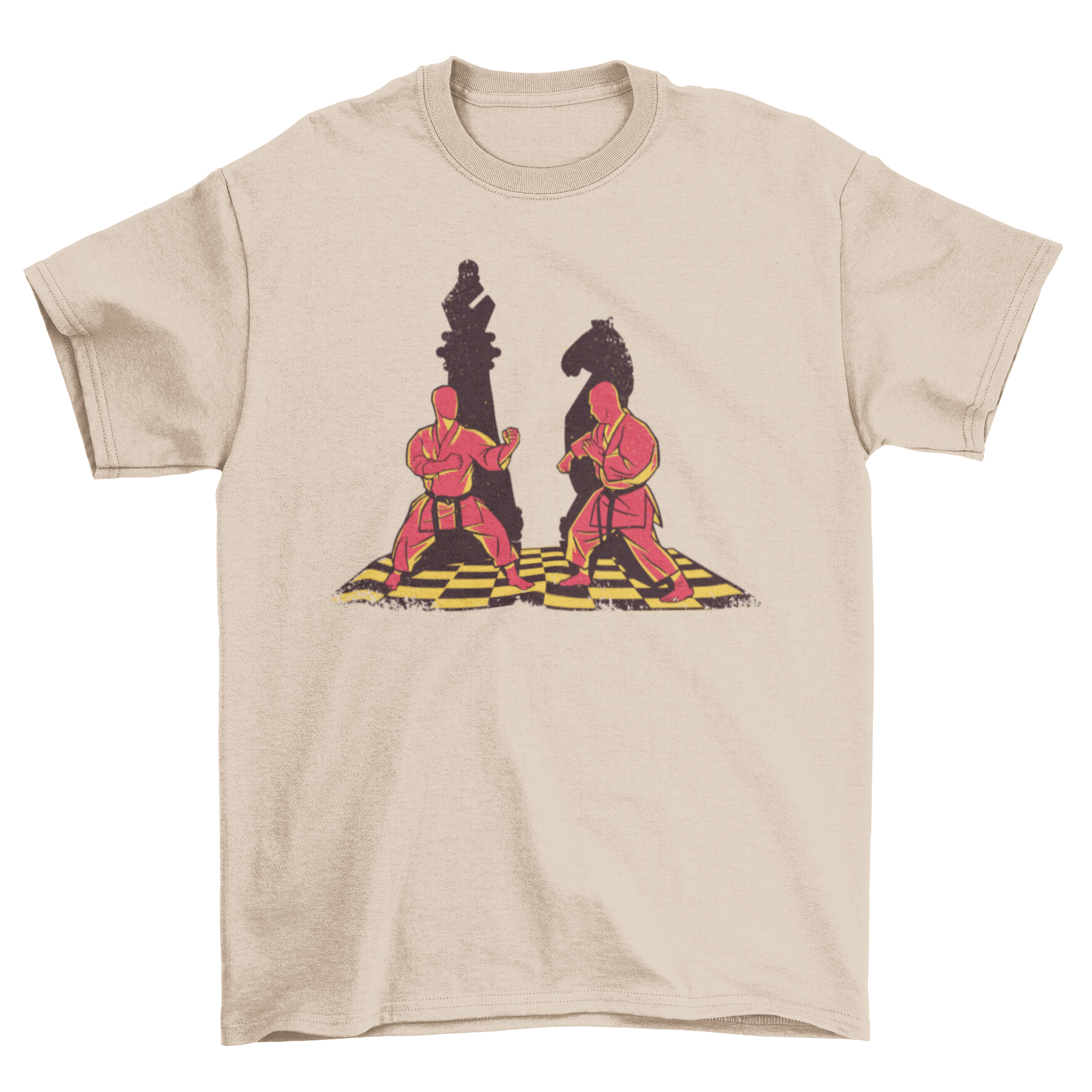 Martial Artist Chess Pieces T-shirt featuring two martial artists and chess pieces, bishop and knight, in a stylish design.