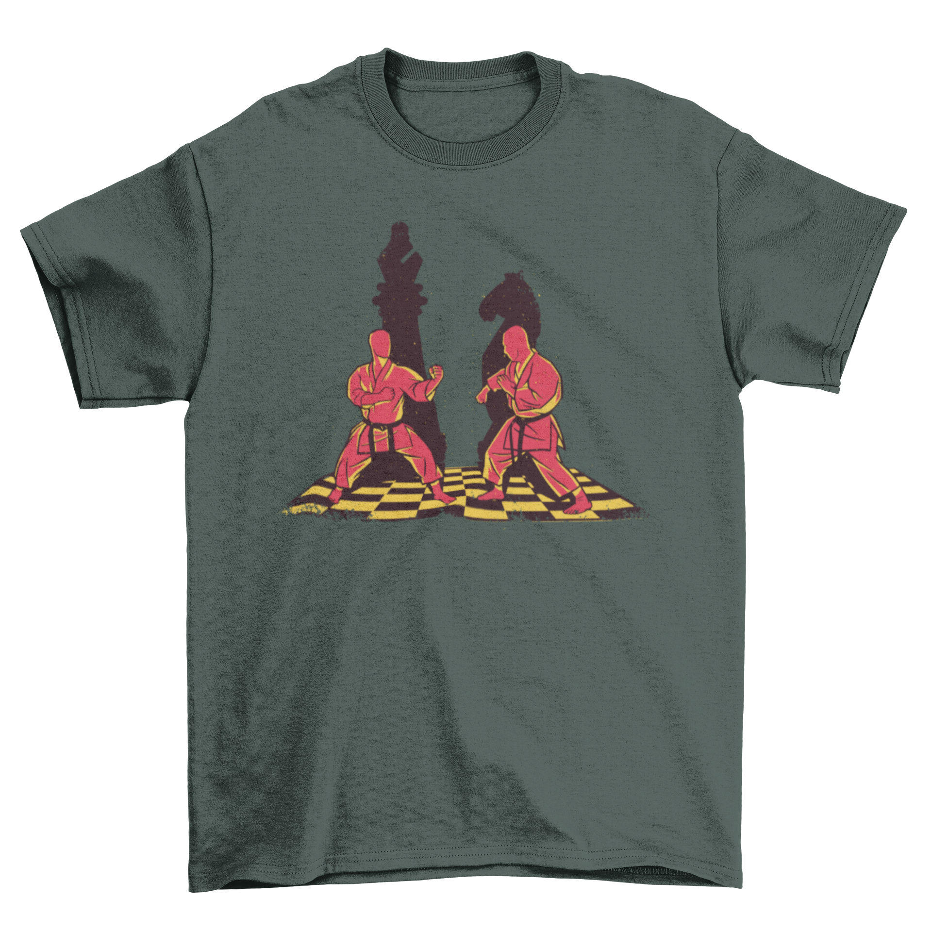 Martial Artist Chess Pieces T-shirt featuring two martial artists and chess pieces, bishop and knight, in a stylish design.