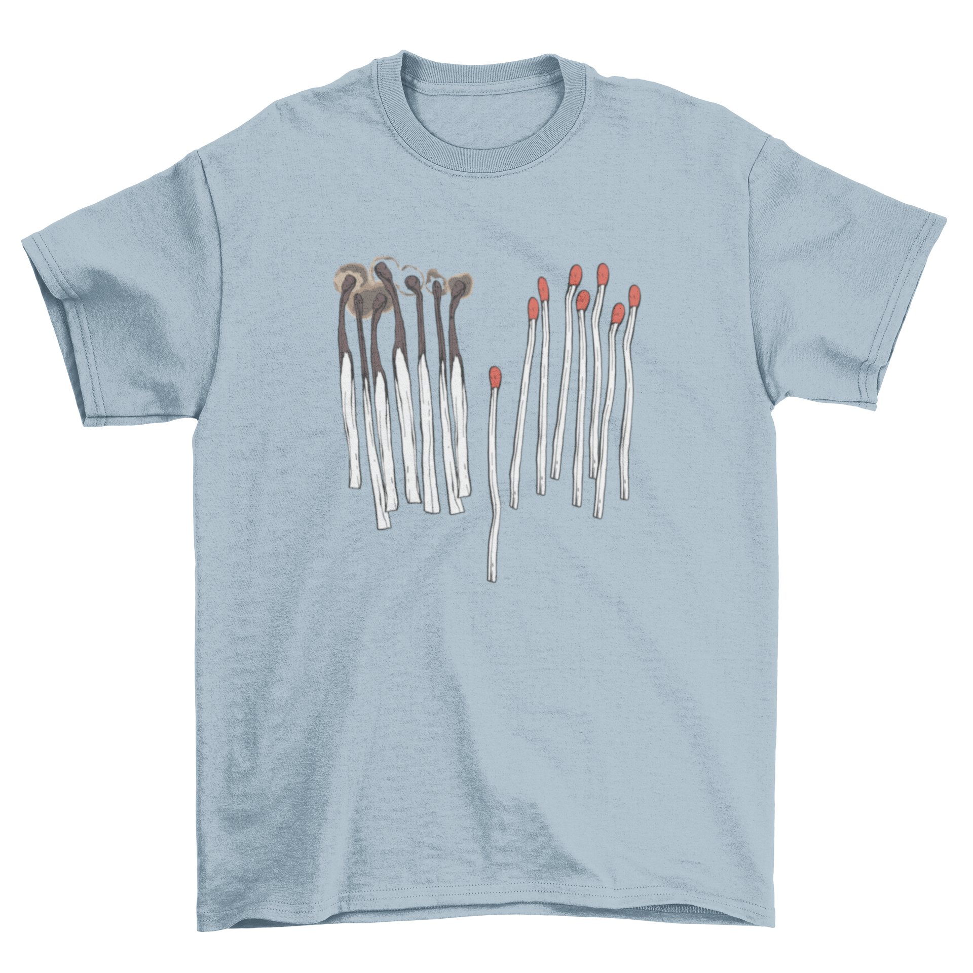 Matches T-Shirt Design featuring burnt and ready-to-use matches illustration, showcasing a unique artistic concept.