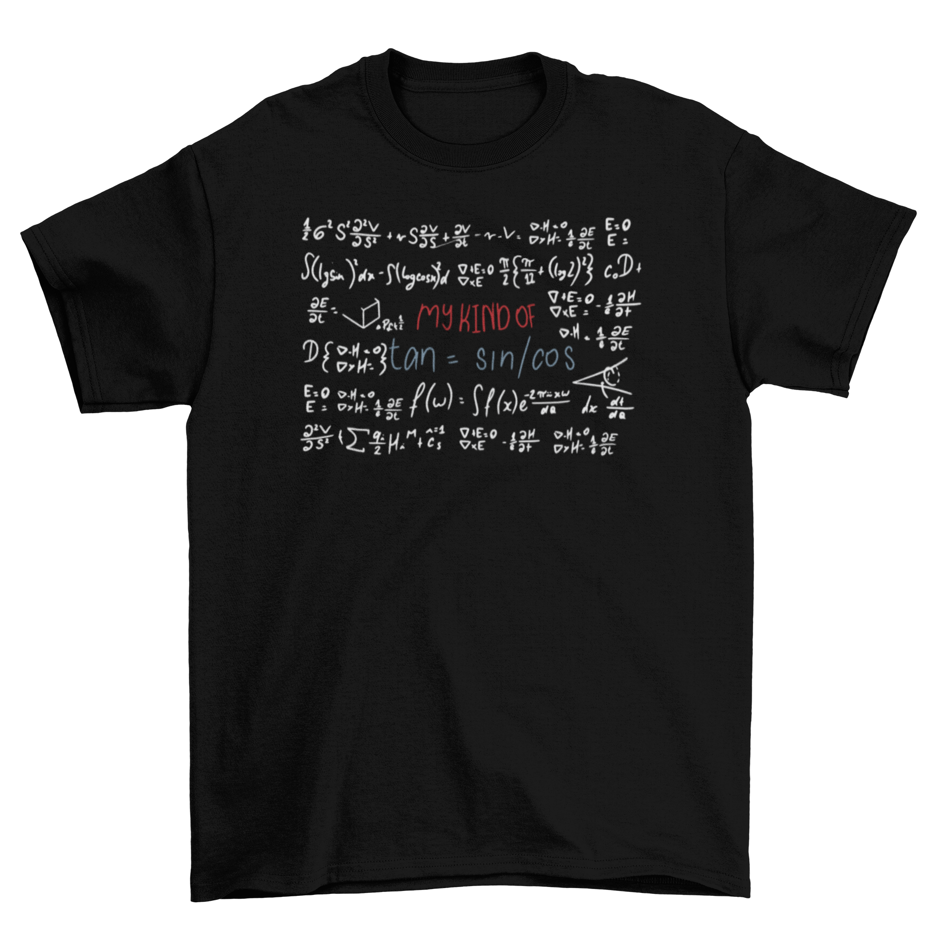 A stylish black t-shirt featuring a blackboard design with math formulas and the quote 'My kind of tan = sin/cos'.