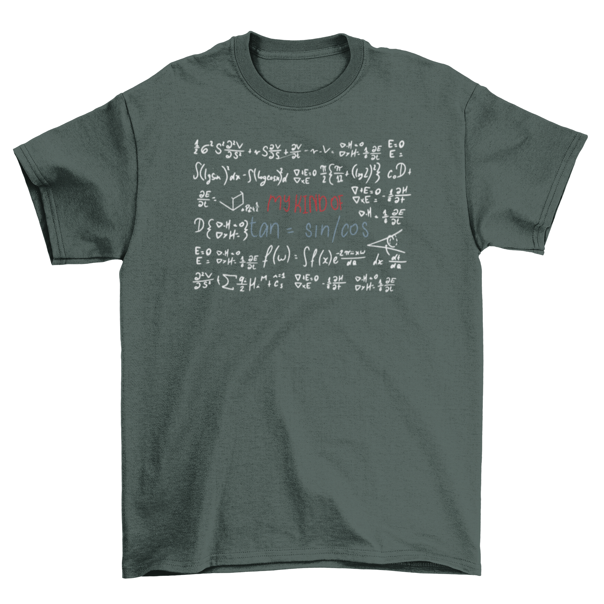 A stylish black t-shirt featuring a blackboard design with math formulas and the quote 'My kind of tan = sin/cos'.