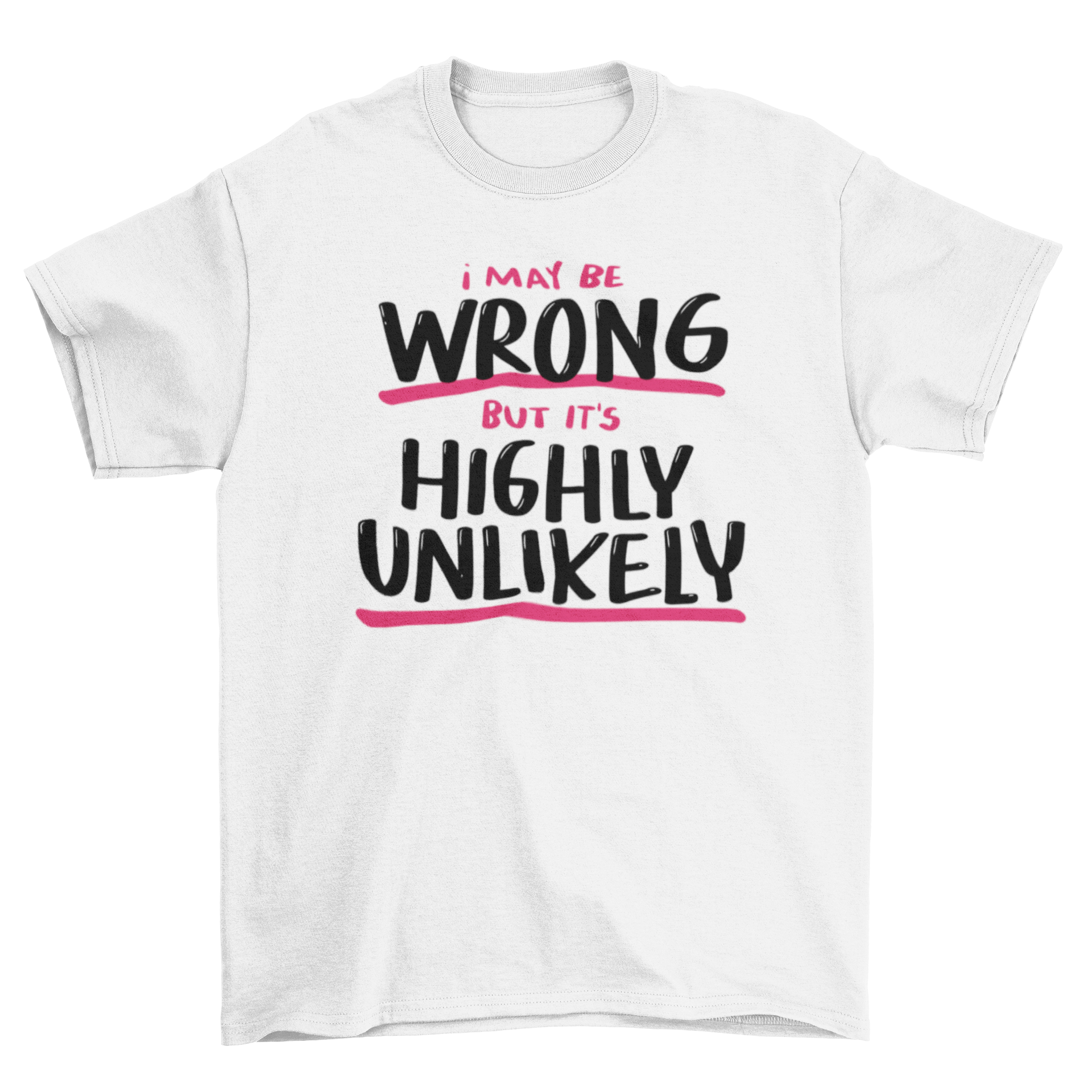 A stylish t-shirt featuring the quote 'I may be wrong but it's highly unlikely', showcasing a modern design and comfortable fit.