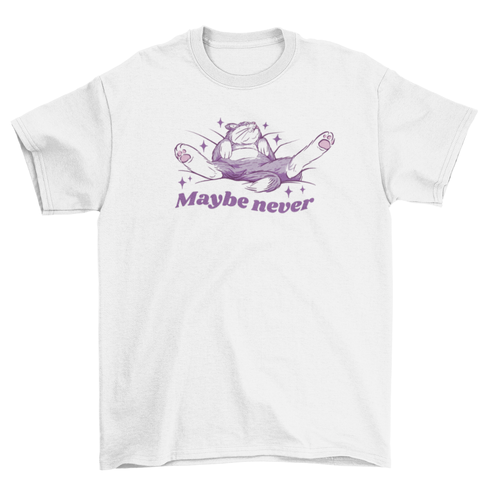 A comfortable Maybe Never Lazy Cat T-Shirt featuring a sleepy cat design and the quote 'Maybe never'.