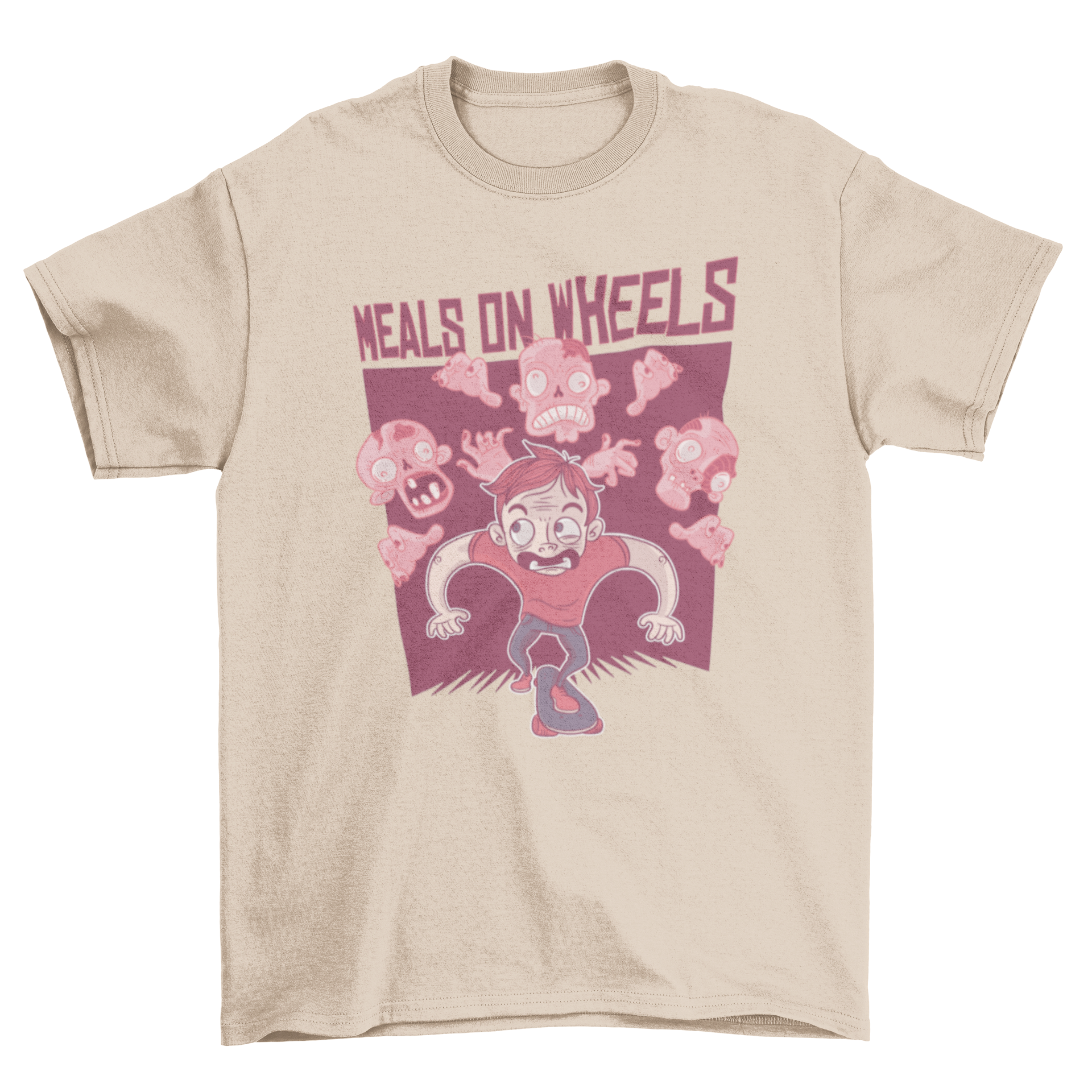 A humorous t-shirt featuring a scared boy on a skateboard fleeing from zombies, labeled 'Meals on Wheels'.