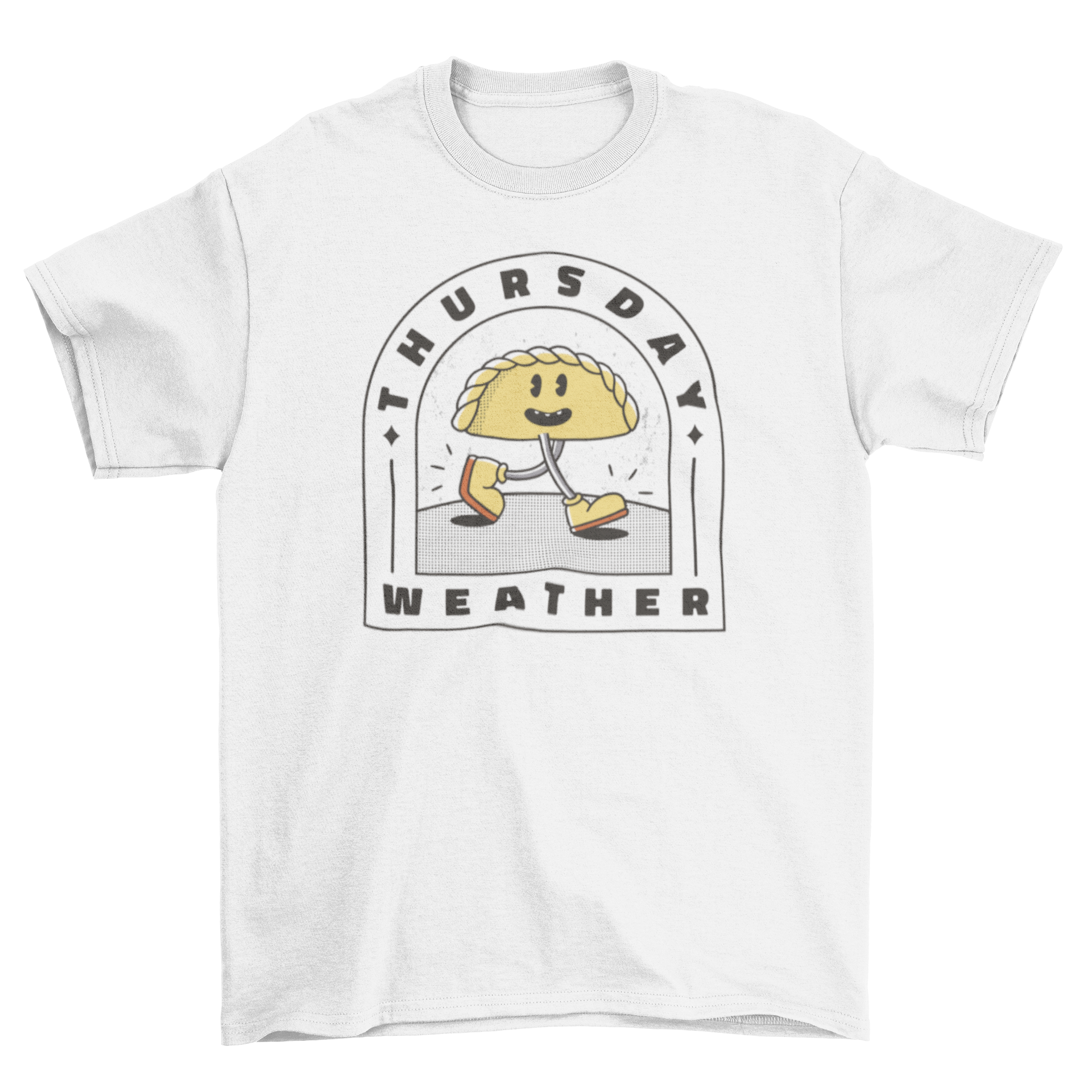 A colorful retro cartoon t-shirt featuring a walking empanada with the quote 'Thursday weather'.