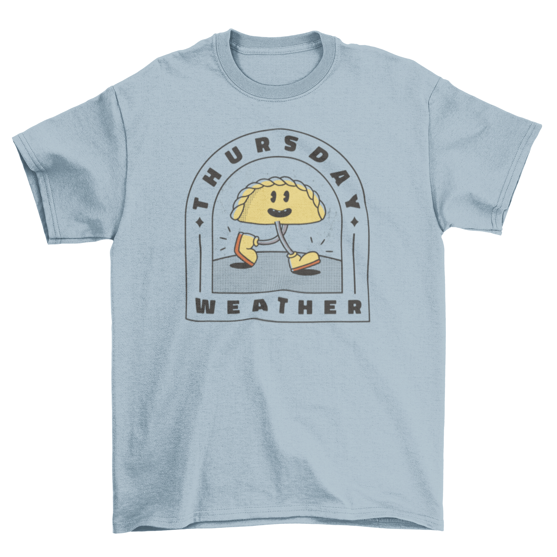 A colorful retro cartoon t-shirt featuring a walking empanada with the quote 'Thursday weather'.