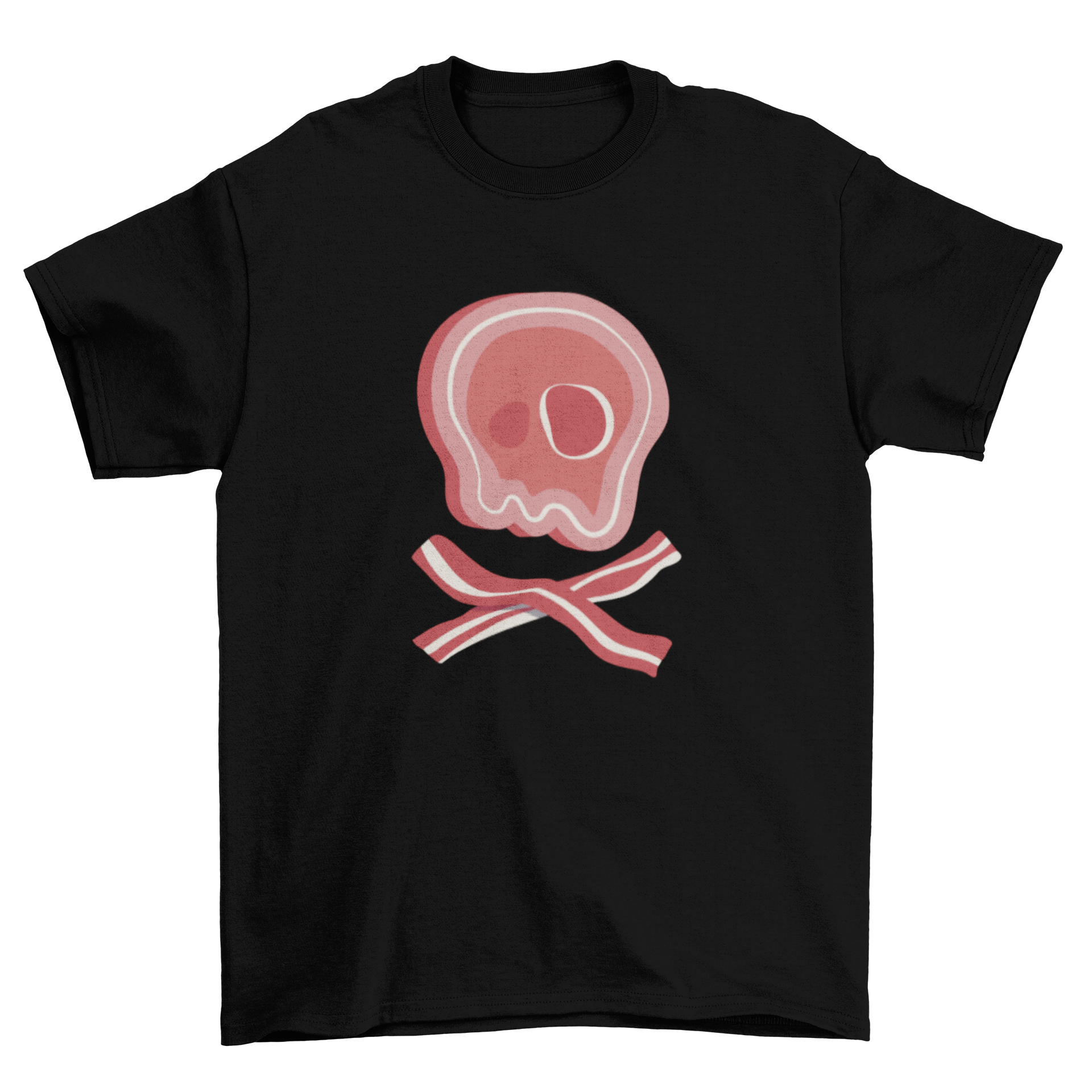 A stylish Meat Skull T-Shirt featuring a bold steak skull design with bacon crossed underneath, perfect for meat lovers.