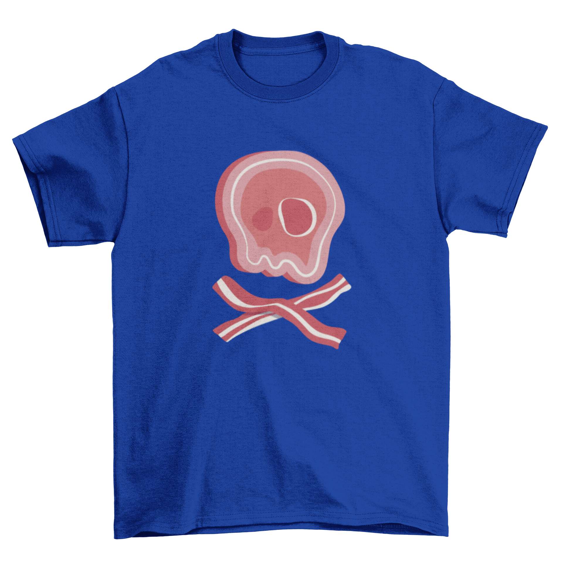 A stylish Meat Skull T-Shirt featuring a bold steak skull design with bacon crossed underneath, perfect for meat lovers.