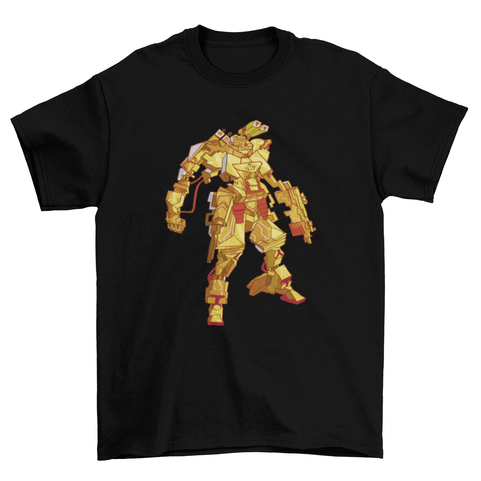 A stylish t-shirt featuring a detailed mech warrior robot design, perfect for gaming enthusiasts.