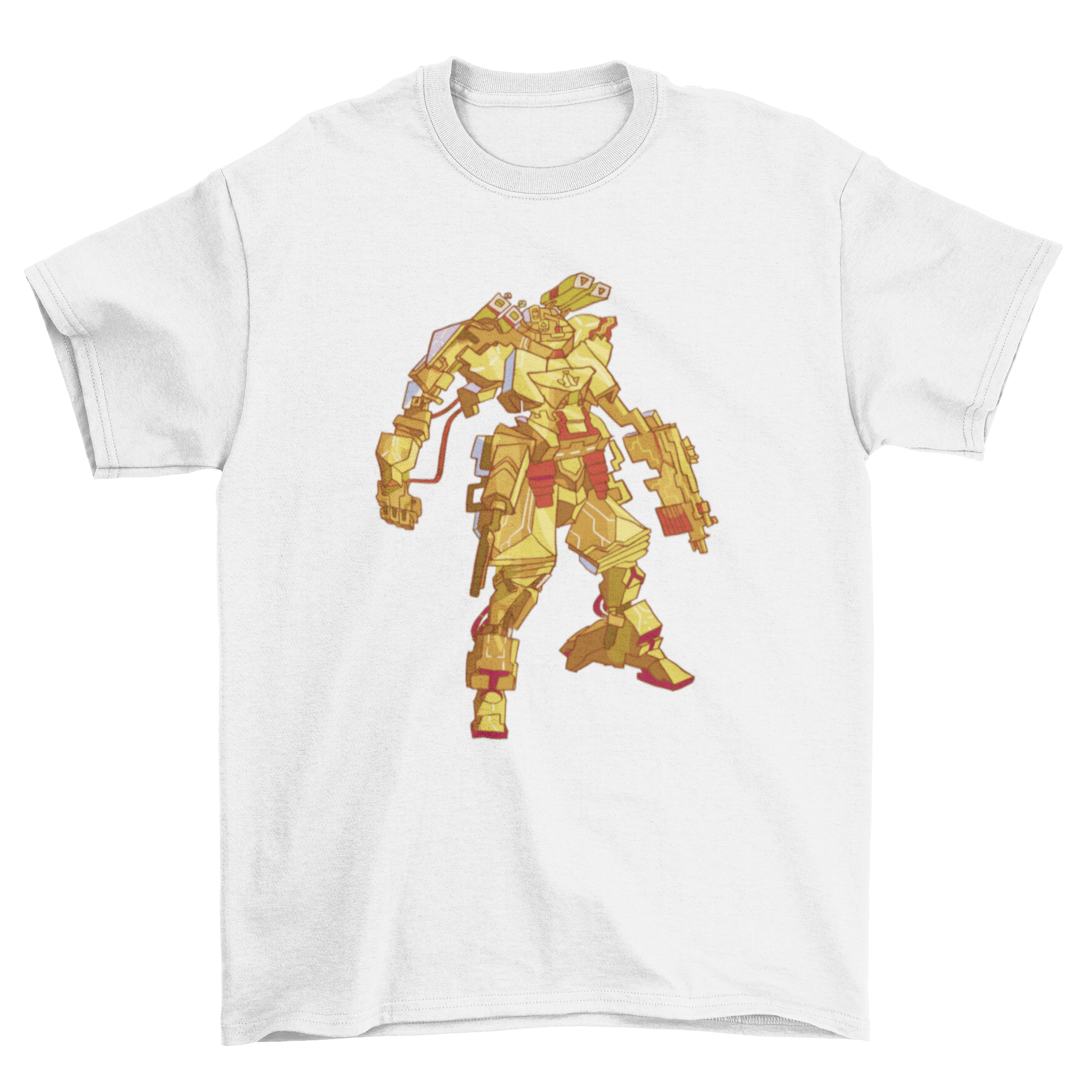 A stylish t-shirt featuring a detailed mech warrior robot design, perfect for gaming enthusiasts.