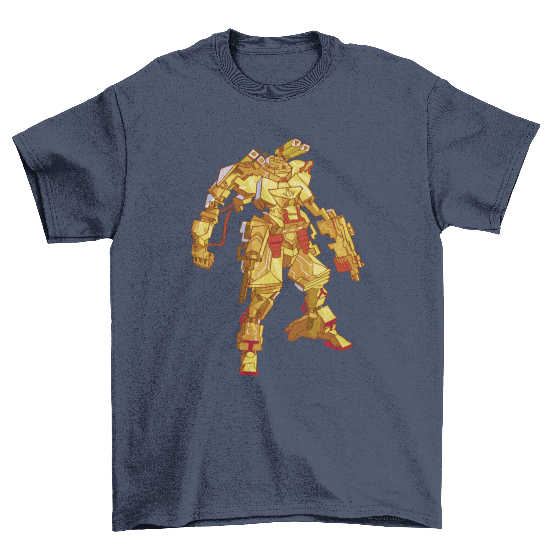 A stylish t-shirt featuring a detailed mech warrior robot design, perfect for gaming enthusiasts.