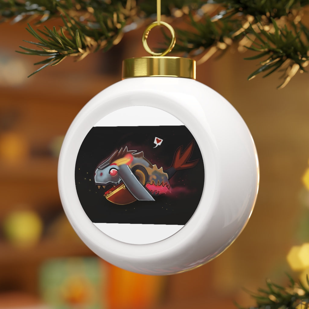 Mecha Whale Strider Christmas Ball Ornament with glossy finish and gold ribbon, featuring a vintage design and customizable metal insert.