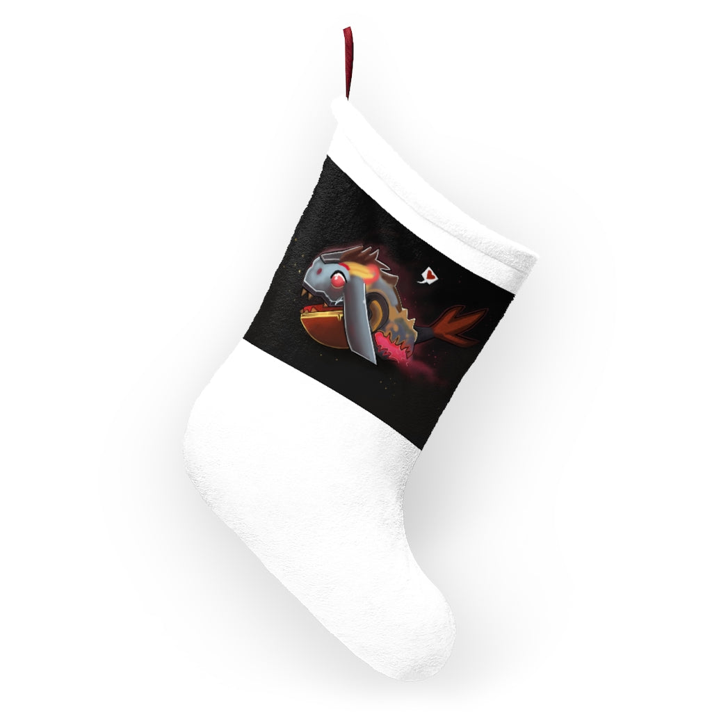 Mecha Whale Strider Christmas Stocking featuring vibrant colors and a soft fleece texture, perfect for holiday decor.