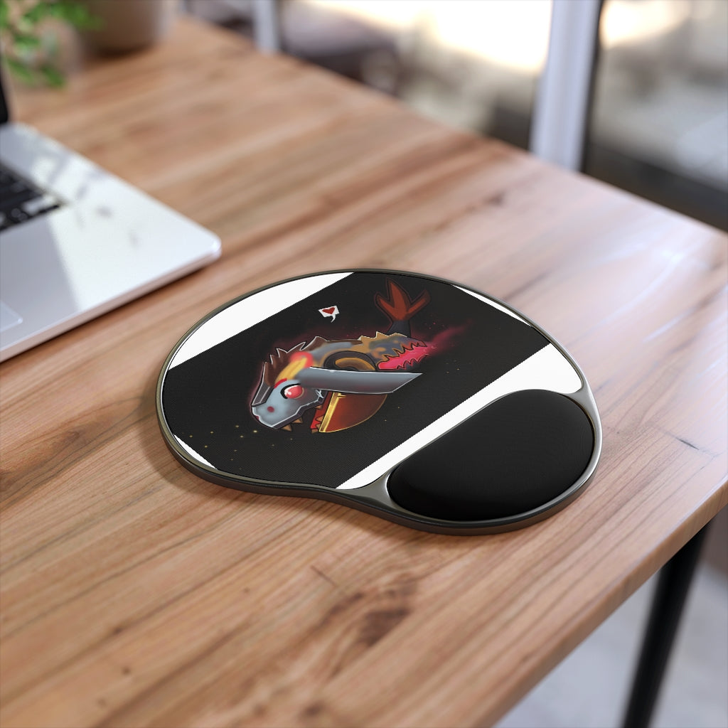 Mecha Whale Strider Mouse Pad featuring ergonomic Memory Foam wrist rest and customizable neoprene insert, foot-shaped design.