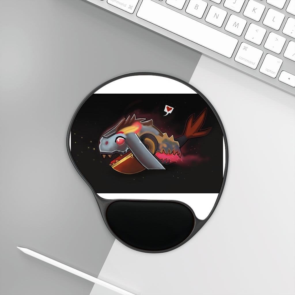 Mecha Whale Strider Mouse Pad featuring ergonomic Memory Foam wrist rest and customizable neoprene insert, foot-shaped design.