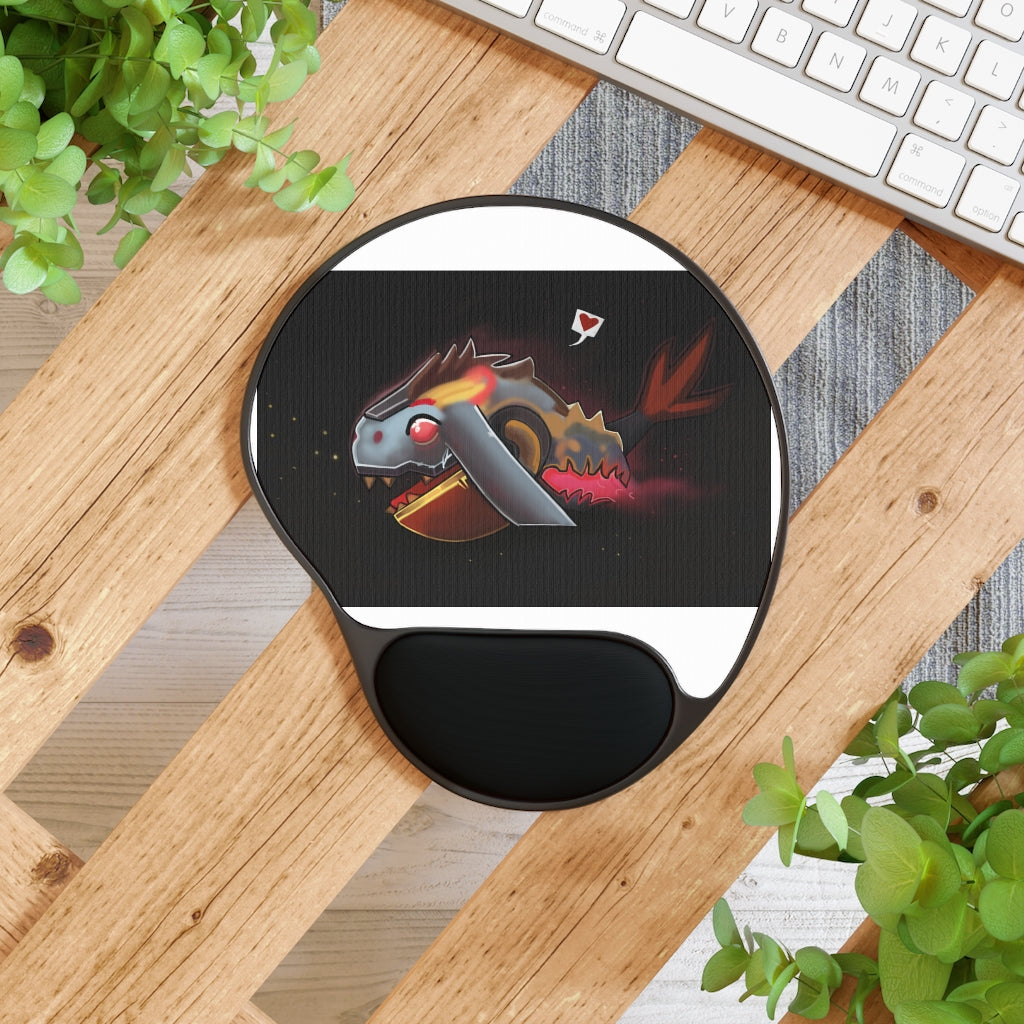 Mecha Whale Strider Mouse Pad featuring ergonomic Memory Foam wrist rest and customizable neoprene insert, foot-shaped design.