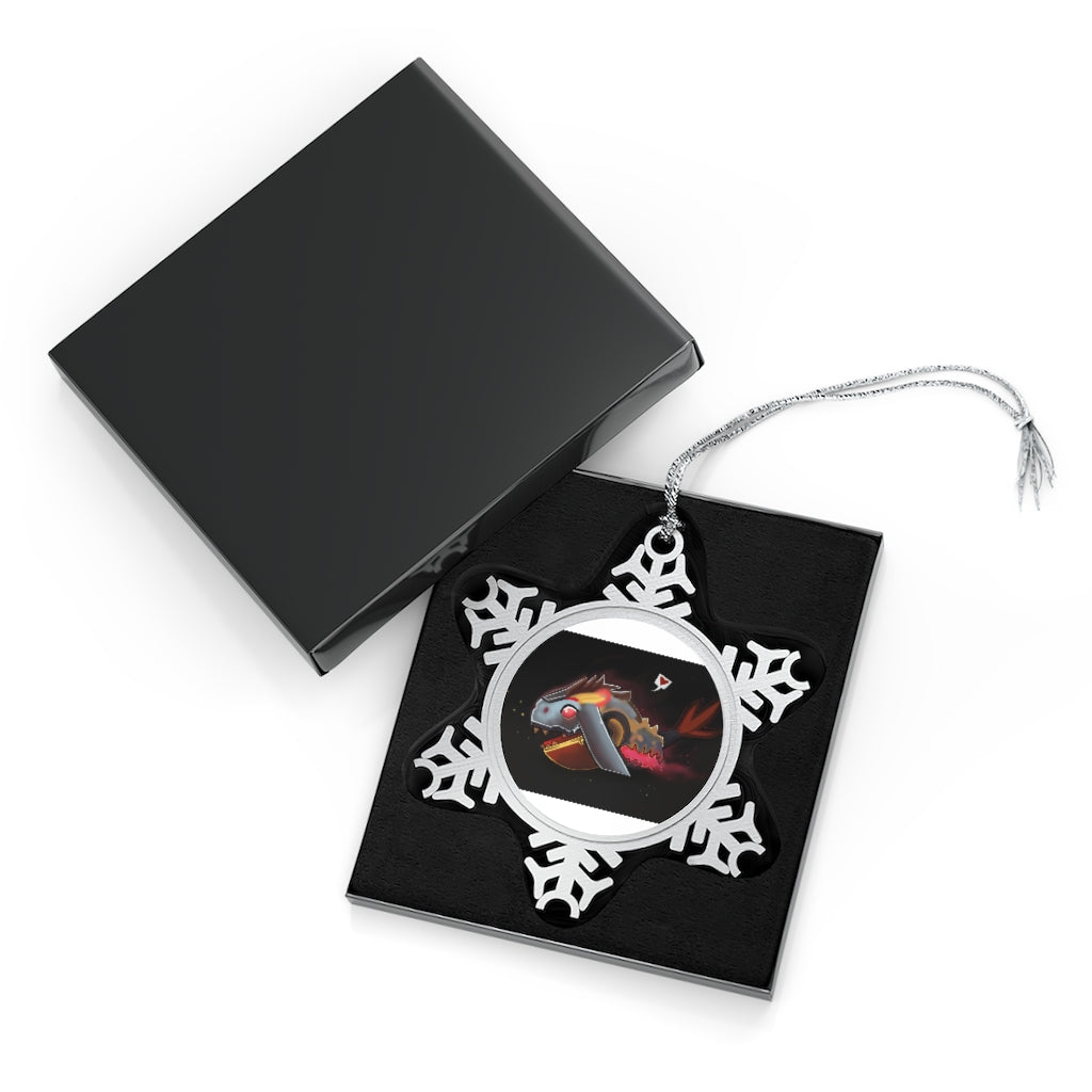 Mecha Whale Strider Pewter Snowflake Ornament with silver-toned hanging string, showcasing intricate snowflake design.