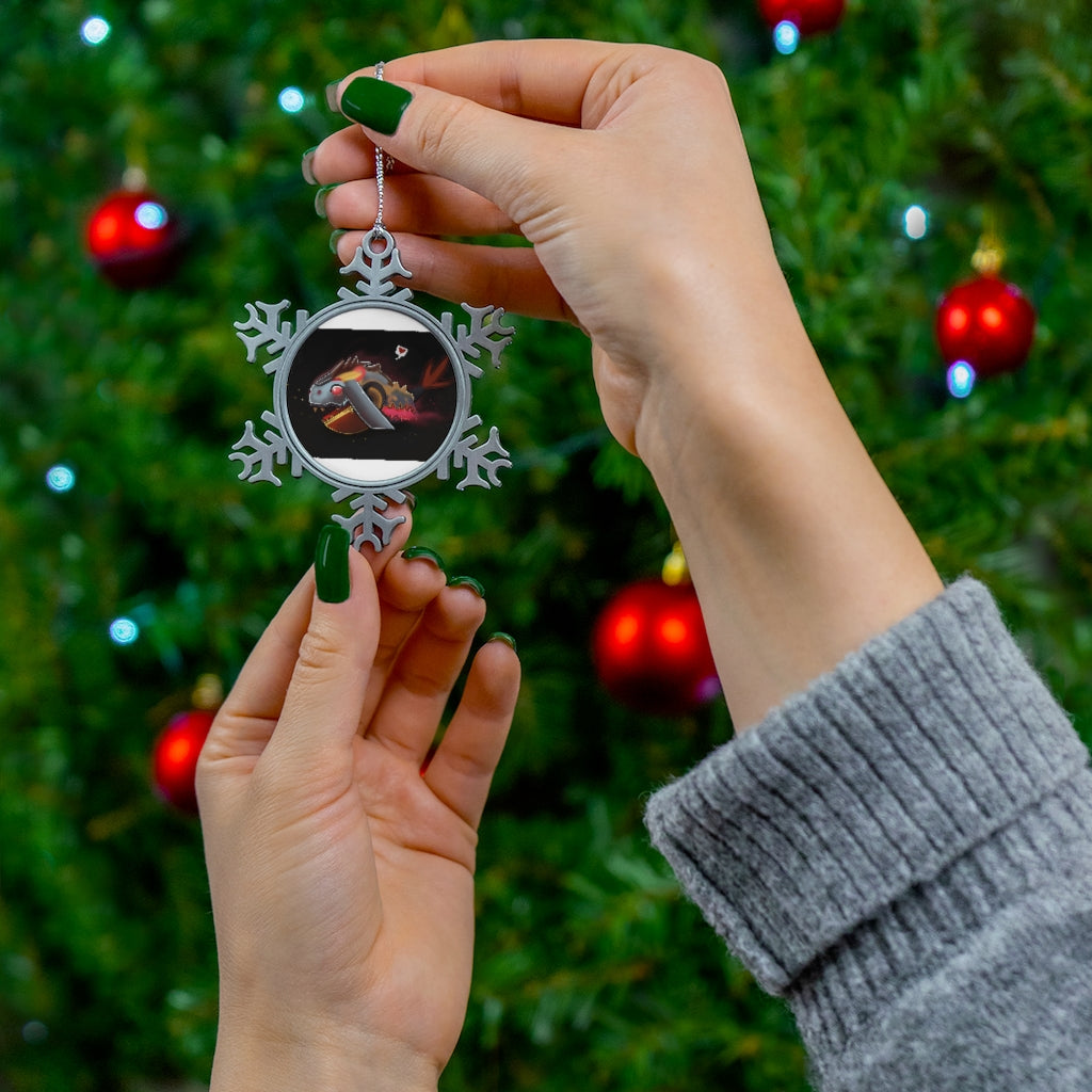 Mecha Whale Strider Pewter Snowflake Ornament with silver-toned hanging string, showcasing intricate snowflake design.