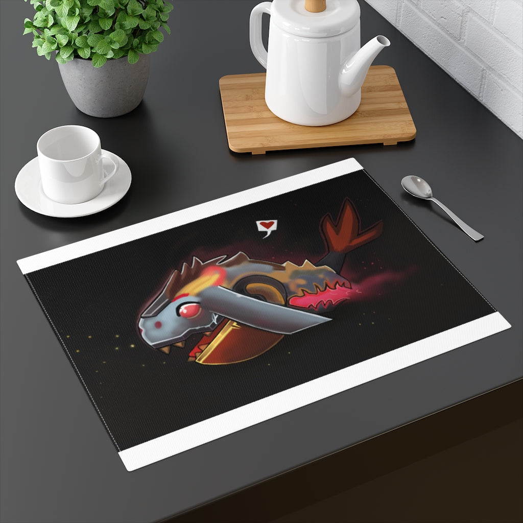 Mecha Whale Strider Placemat featuring a vibrant whale design on one side and a natural cotton back, perfect for dining tables.