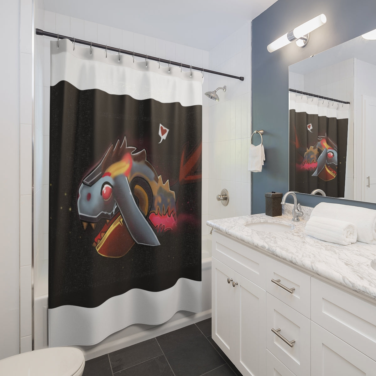 Mecha Whale Strider Shower Curtain featuring a vibrant whale design on durable polyester fabric, perfect for bathroom decor.