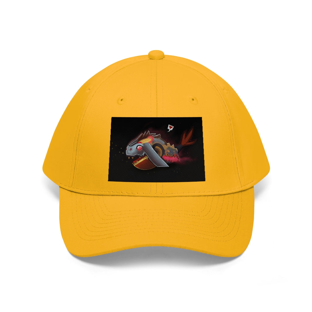 Mecha Whale Strider Unisex Twill Hat showcasing its 6-panel structure and adjustable Velcro closure, perfect for outdoor activities.