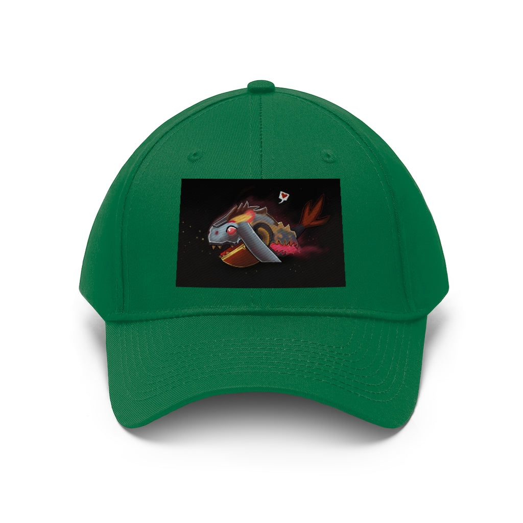 Mecha Whale Strider Unisex Twill Hat showcasing its 6-panel structure and adjustable Velcro closure, perfect for outdoor activities.