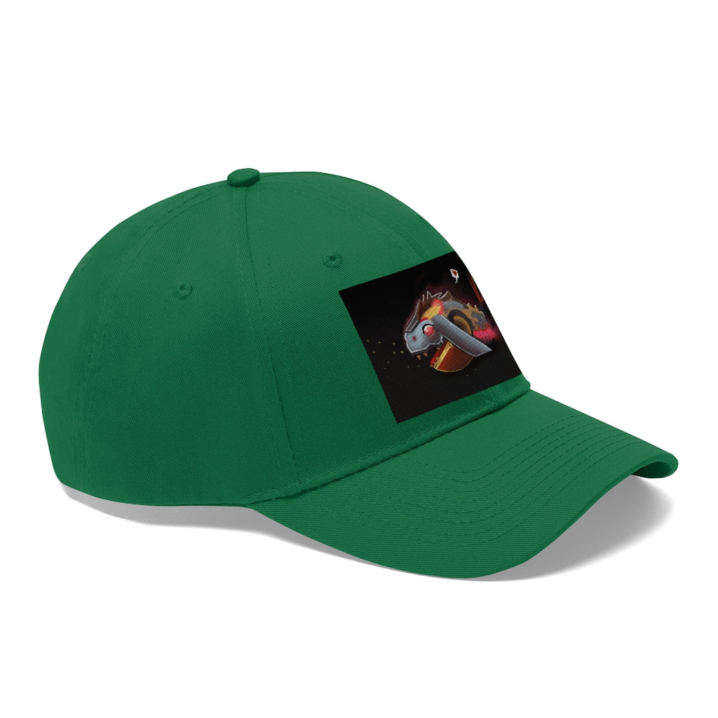 Mecha Whale Strider Unisex Twill Hat showcasing its 6-panel structure and adjustable Velcro closure, perfect for outdoor activities.