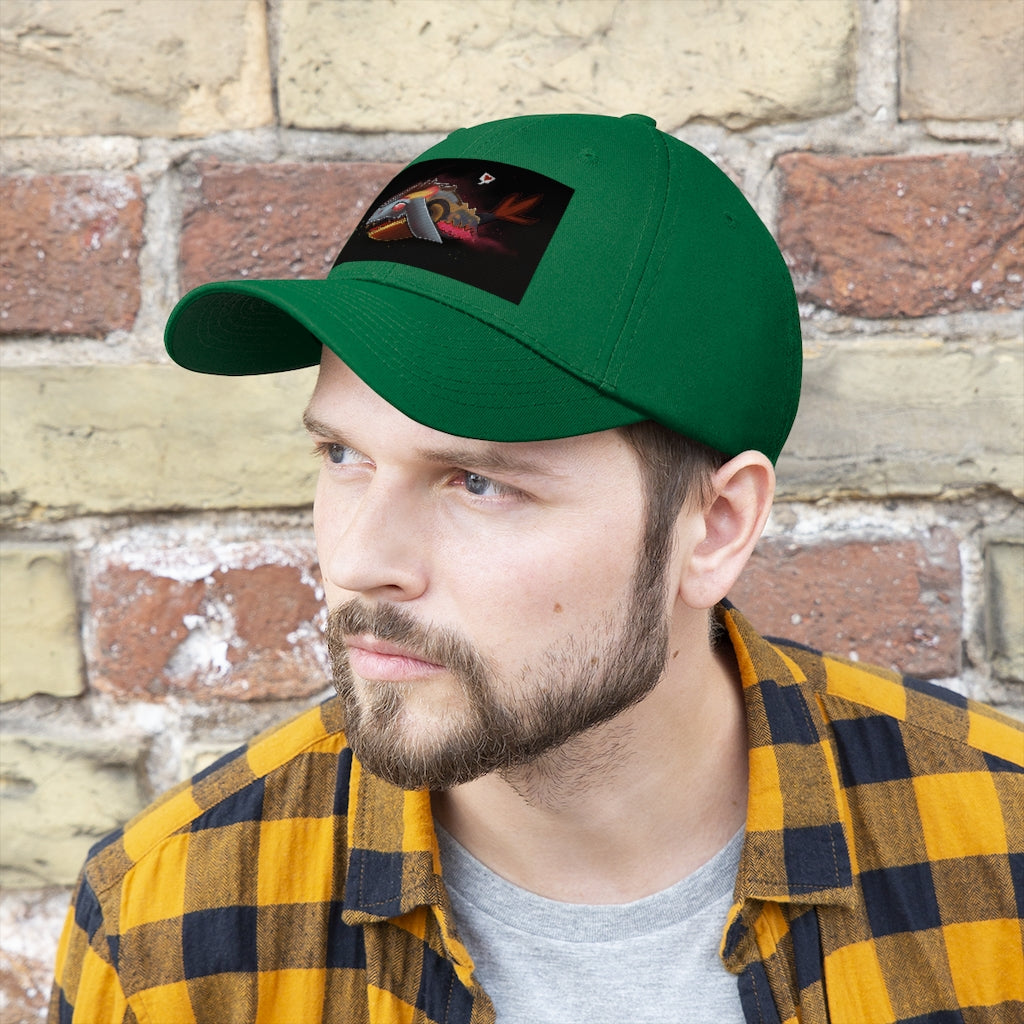 Mecha Whale Strider Unisex Twill Hat showcasing its 6-panel structure and adjustable Velcro closure, perfect for outdoor activities.