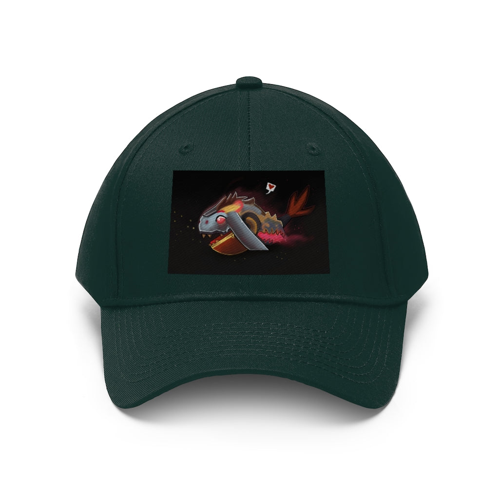 Mecha Whale Strider Unisex Twill Hat showcasing its 6-panel structure and adjustable Velcro closure, perfect for outdoor activities.