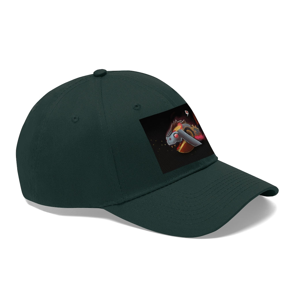 Mecha Whale Strider Unisex Twill Hat showcasing its 6-panel structure and adjustable Velcro closure, perfect for outdoor activities.