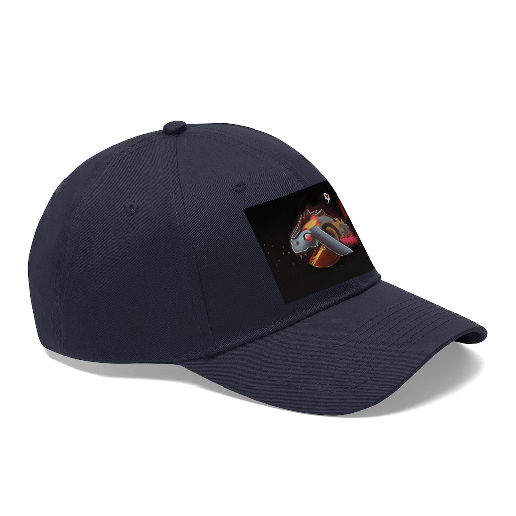 Mecha Whale Strider Unisex Twill Hat showcasing its 6-panel structure and adjustable Velcro closure, perfect for outdoor activities.