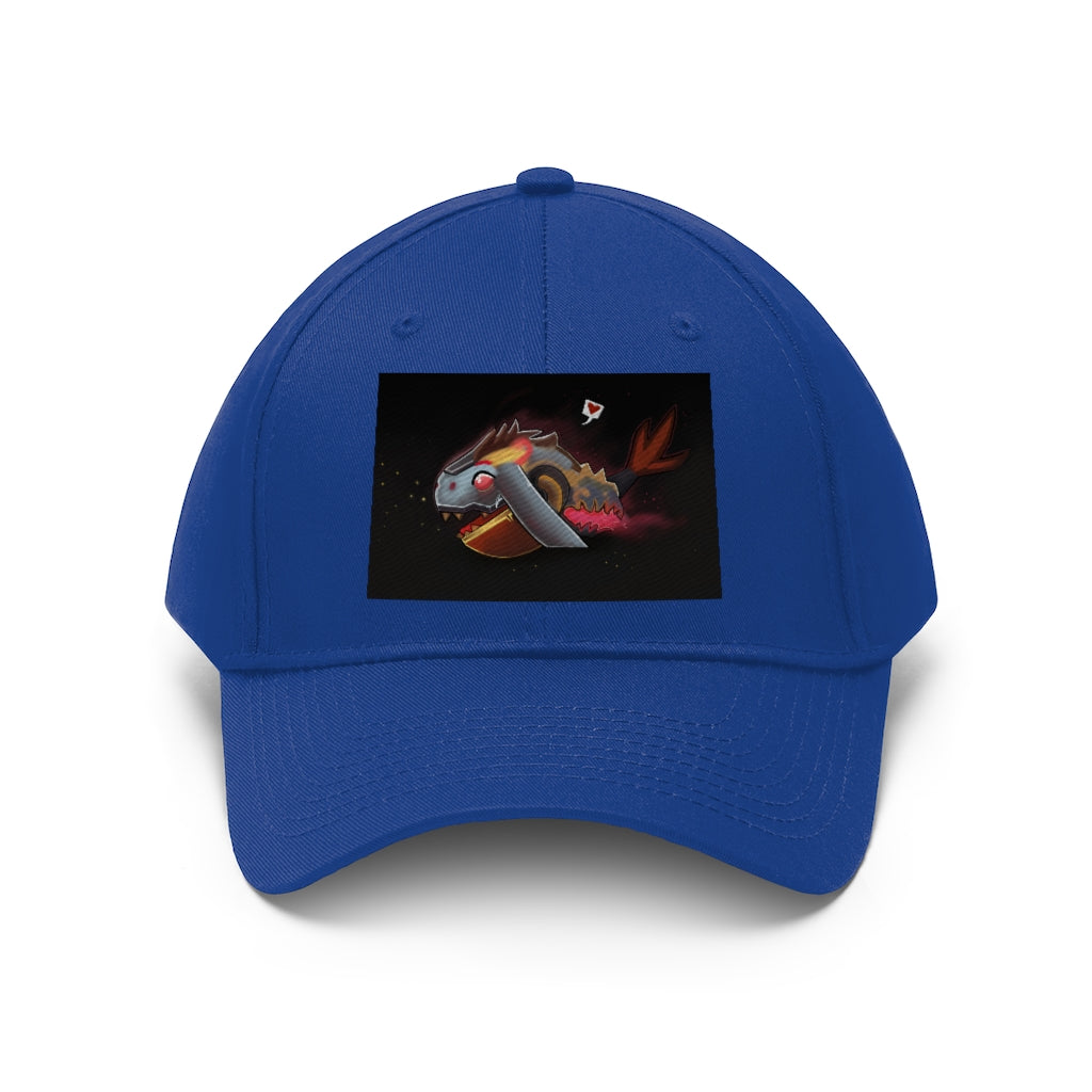 Mecha Whale Strider Unisex Twill Hat showcasing its 6-panel structure and adjustable Velcro closure, perfect for outdoor activities.