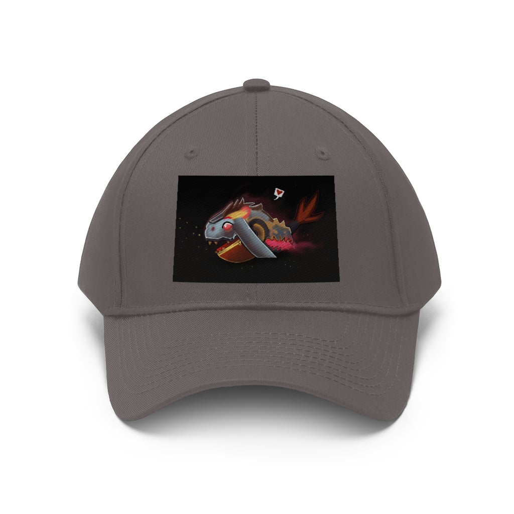 Mecha Whale Strider Unisex Twill Hat showcasing its 6-panel structure and adjustable Velcro closure, perfect for outdoor activities.