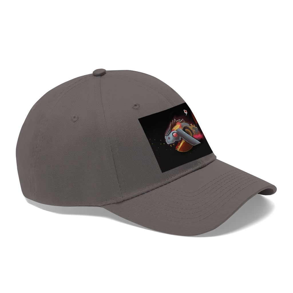 Mecha Whale Strider Unisex Twill Hat showcasing its 6-panel structure and adjustable Velcro closure, perfect for outdoor activities.