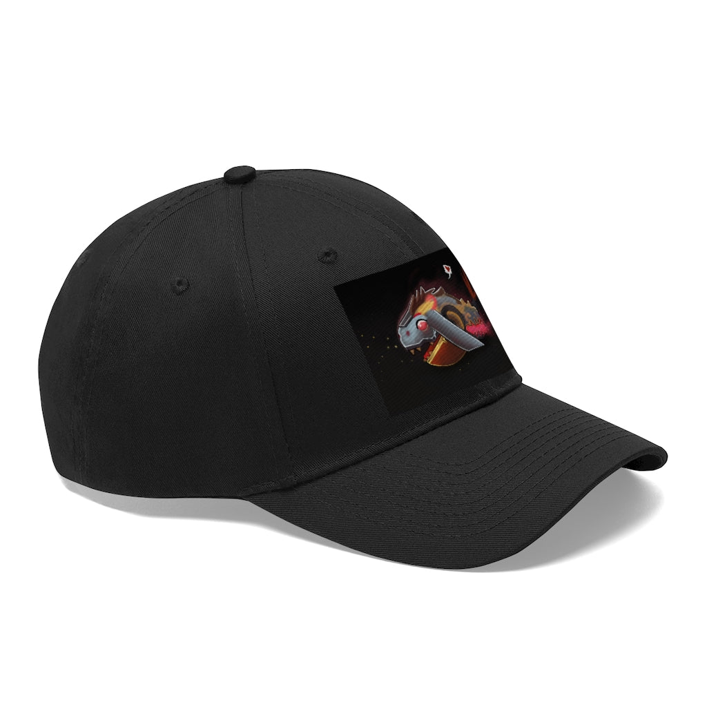 Mecha Whale Strider Unisex Twill Hat showcasing its 6-panel structure and adjustable Velcro closure, perfect for outdoor activities.