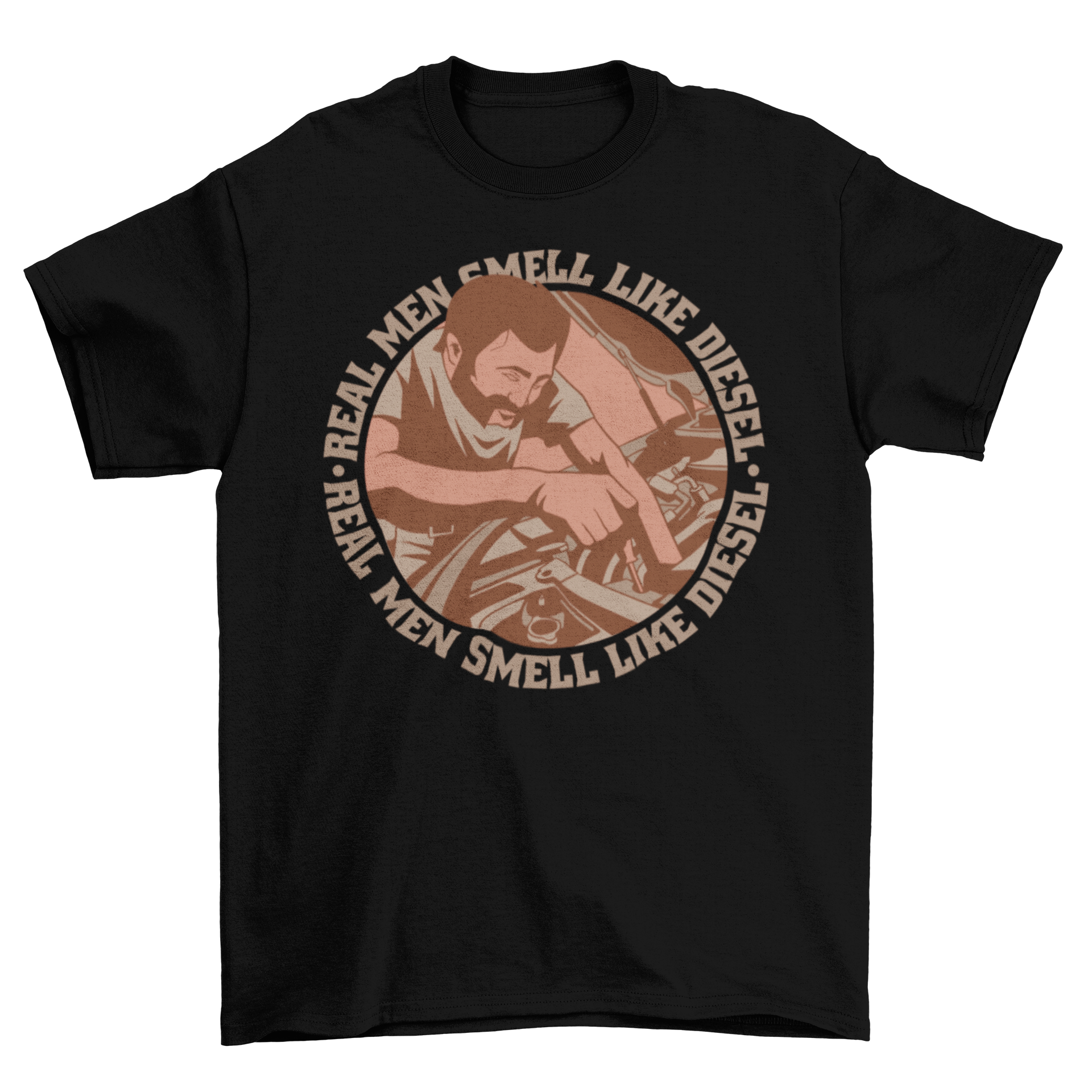 A stylish t-shirt featuring a mechanic fixing a car with the quote 'Real men smell like diesel'.