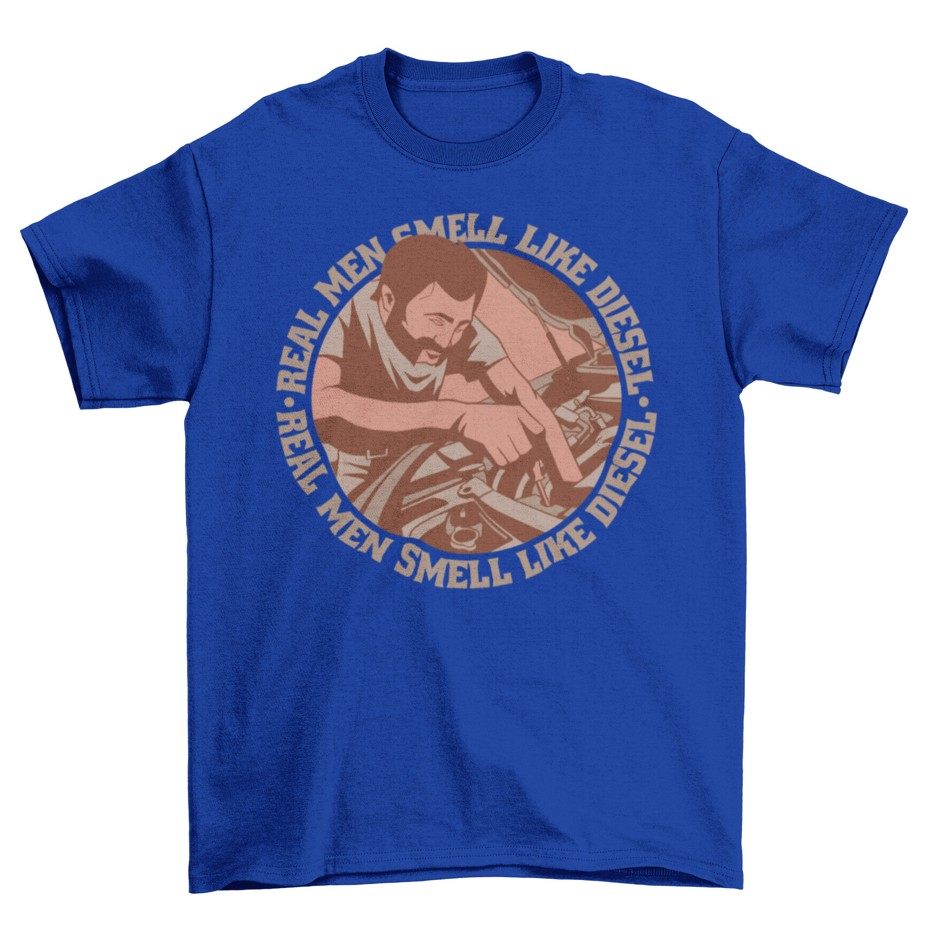 A stylish t-shirt featuring a mechanic fixing a car with the quote 'Real men smell like diesel'.