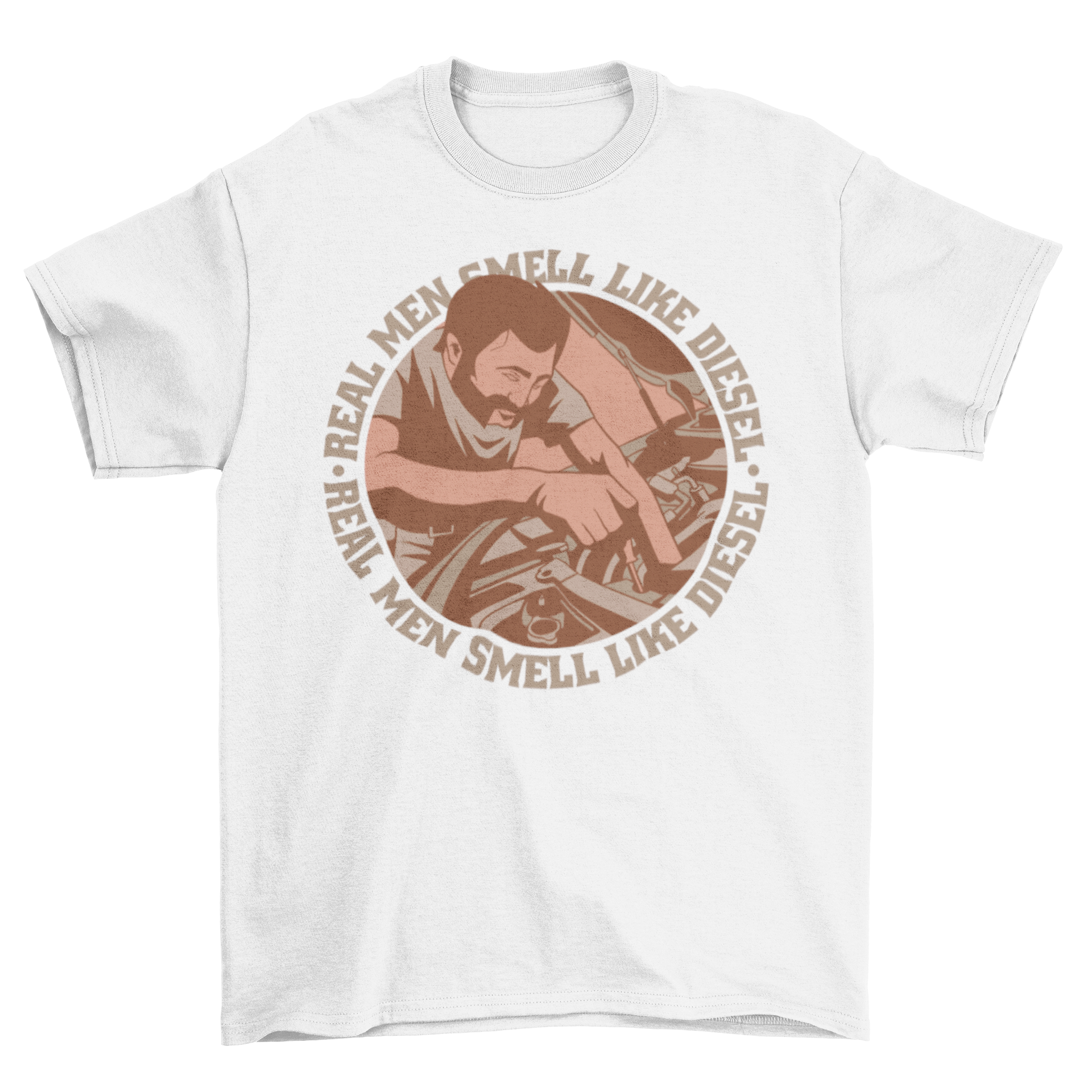 A stylish t-shirt featuring a mechanic fixing a car with the quote 'Real men smell like diesel'.